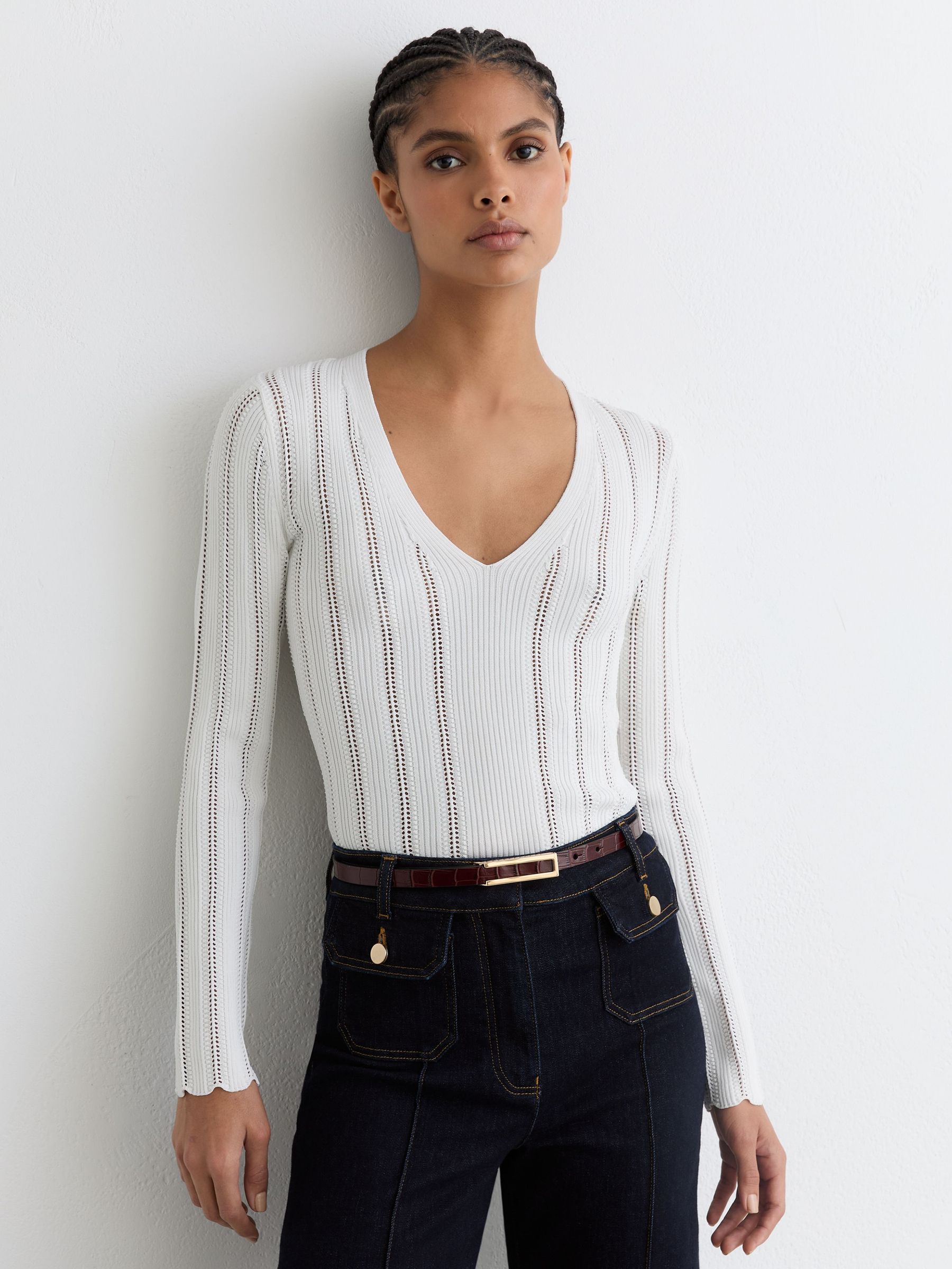 Open-Stitch V-Neck Jumper in White (Y27609) | CA$250