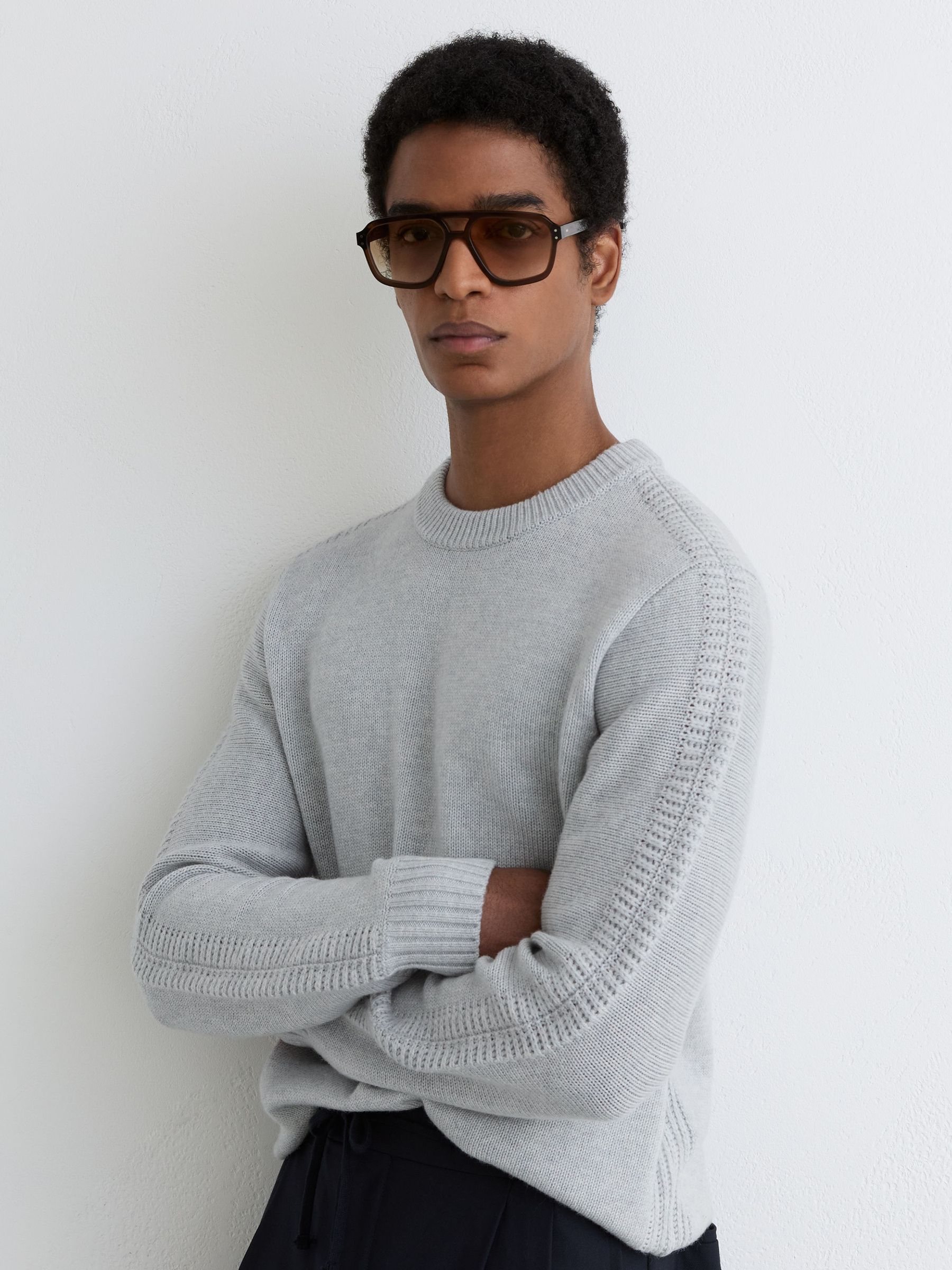 Wool-Blend Rib-Detail Crew-Neck Jumper in Soft Grey (Y27632) | HK$1,660