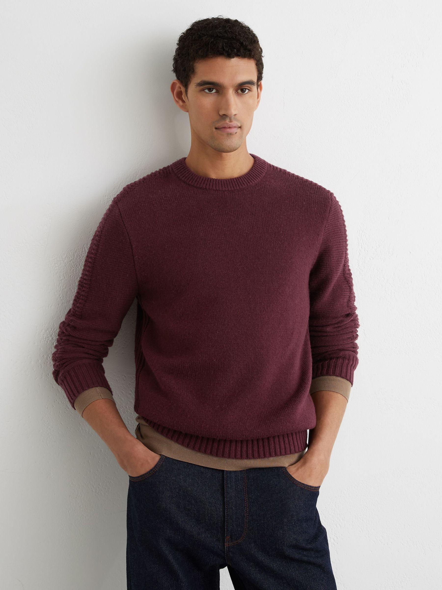 Wool-Blend Rib-Detail Crew-Neck Jumper in Grape (Y27635) | HK$1,660