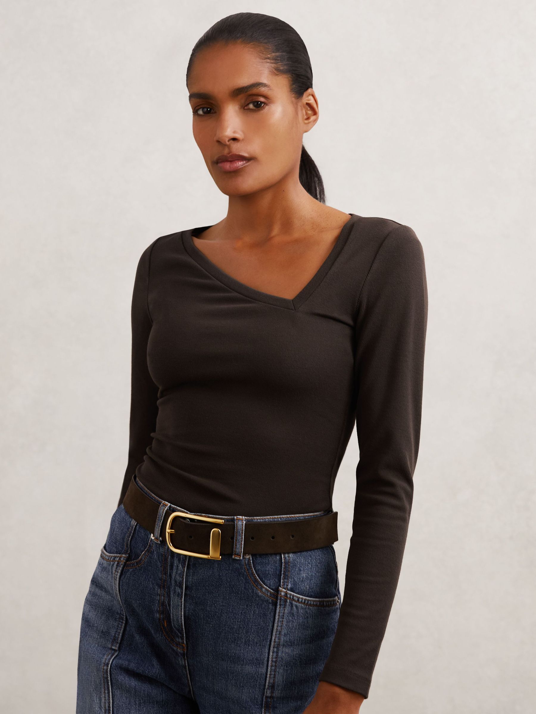 Stretch-Cotton Asymmetric-Neck Top in Chocolate Brown (Y32436) | 1 640 Kč