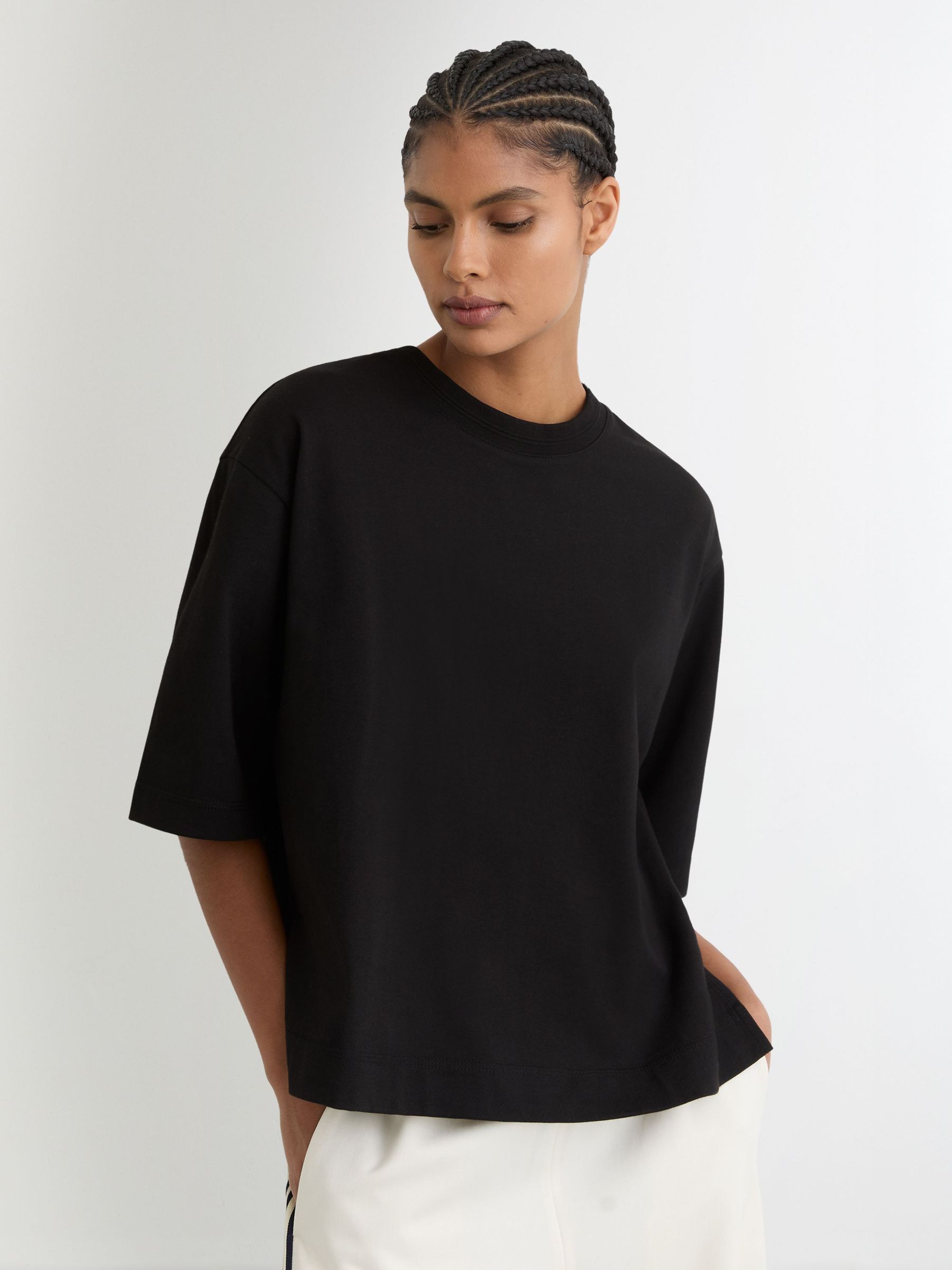 Cotton Ribbed-Neck Oversized T-Shirt in Black (Y33028) | $80