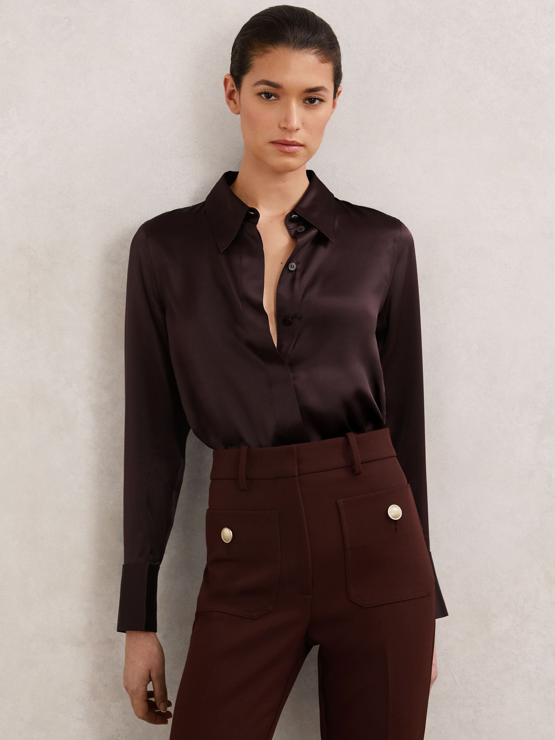 Petite Silk-Satin Concealed-Placket Shirt in Burgundy (Y36029) | CA$398