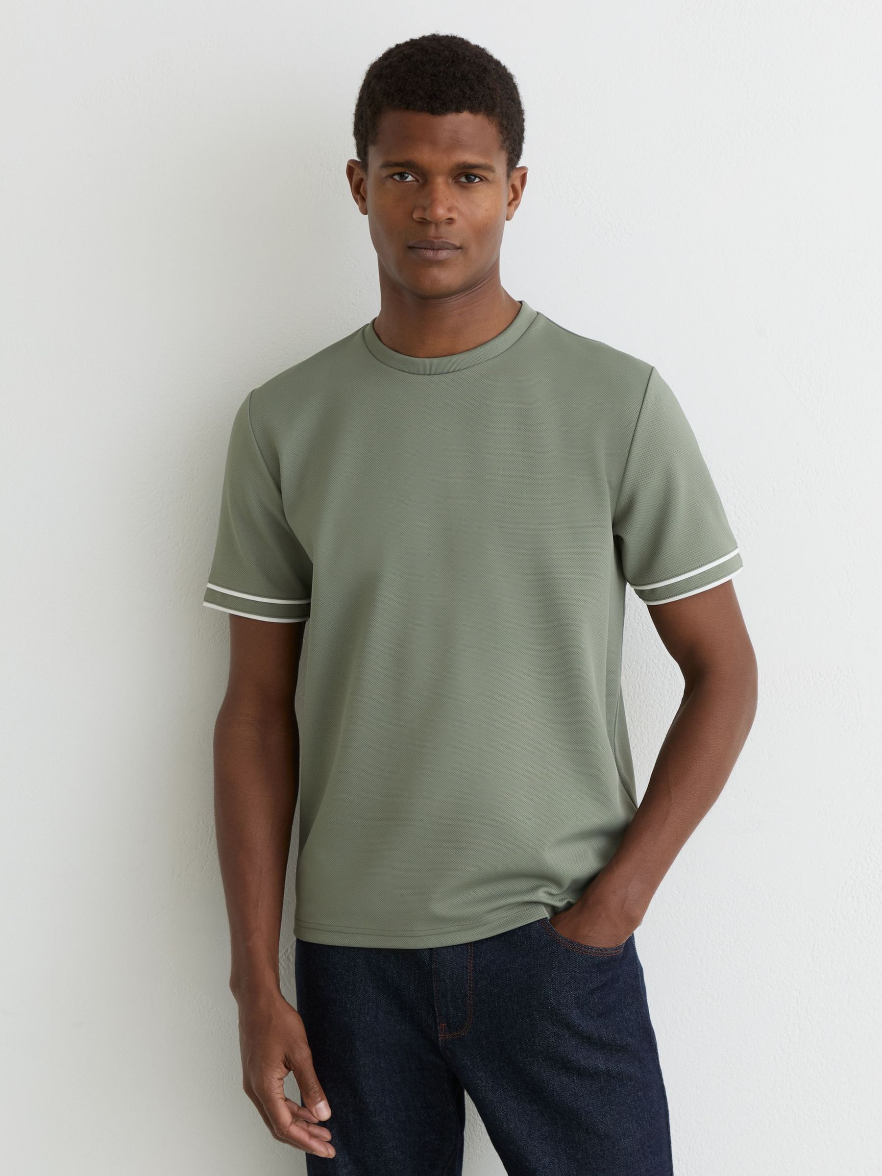 Piped-Trim Textured T-Shirt in Sage Green (Y36073) | €75