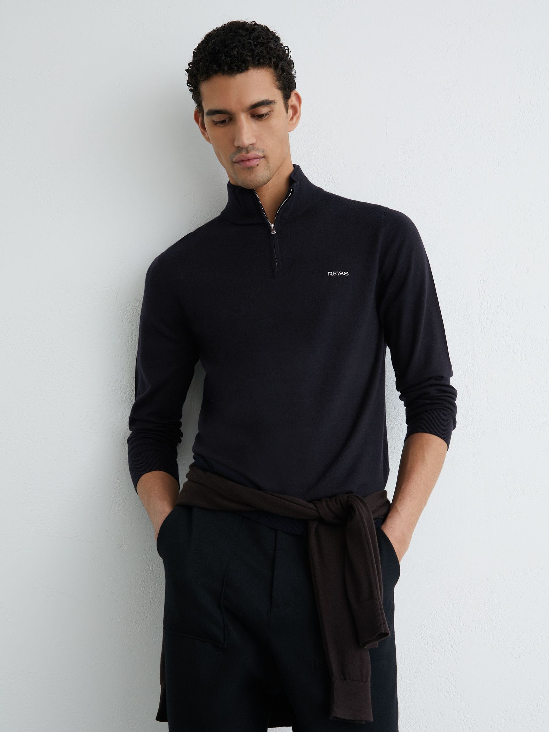 Merino Wool Half-Zip Logo Jumper in Navy (Y36088) | $170