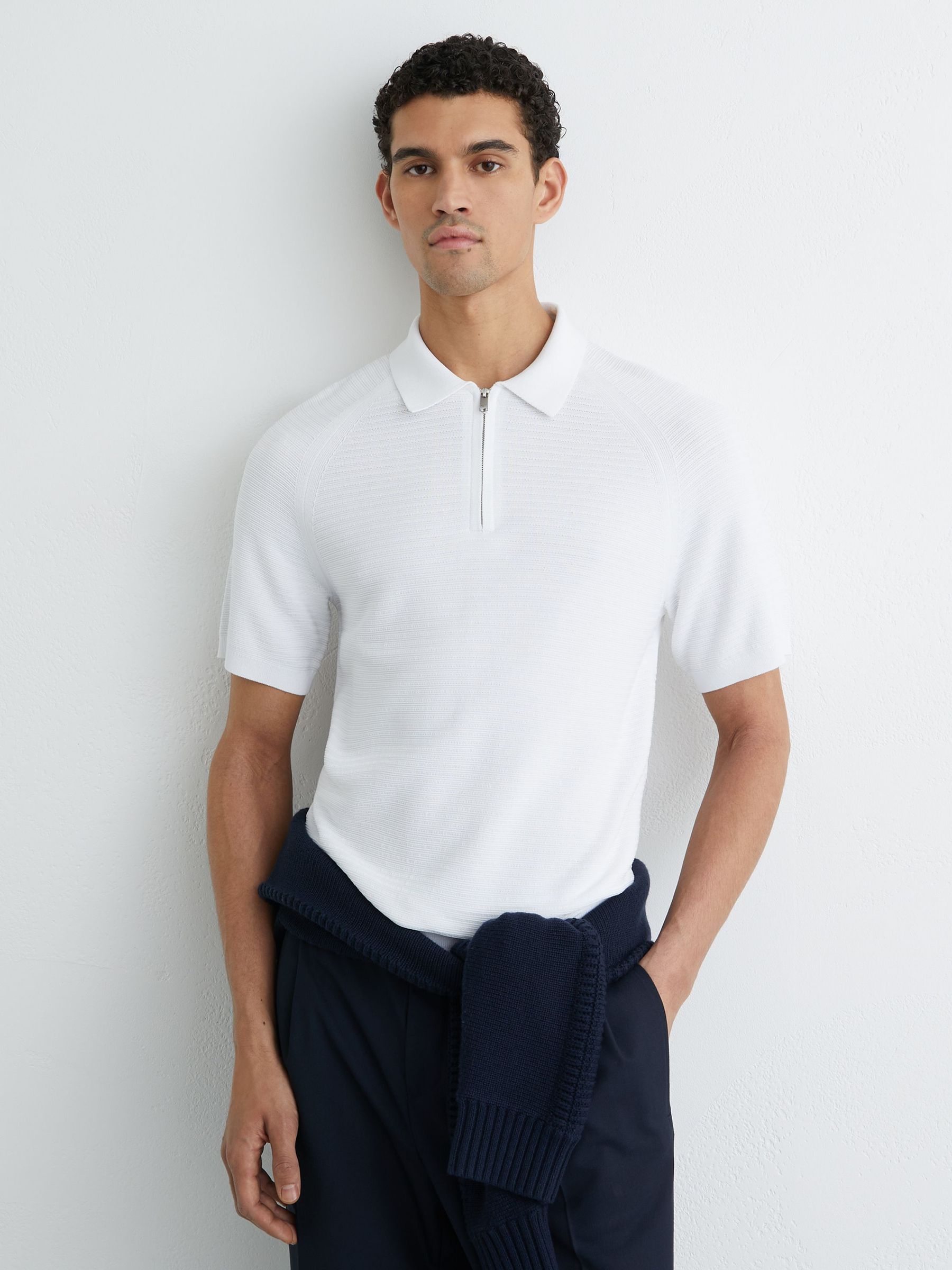 Textured-Knit Half-Zip Polo Shirt in White (Y36103) | CA$198