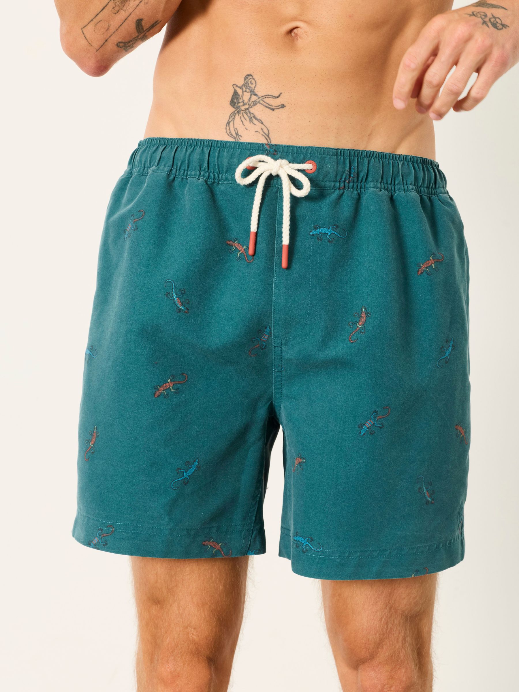Dark Teal Blue - Regular Lizard Printed Swim Shorts