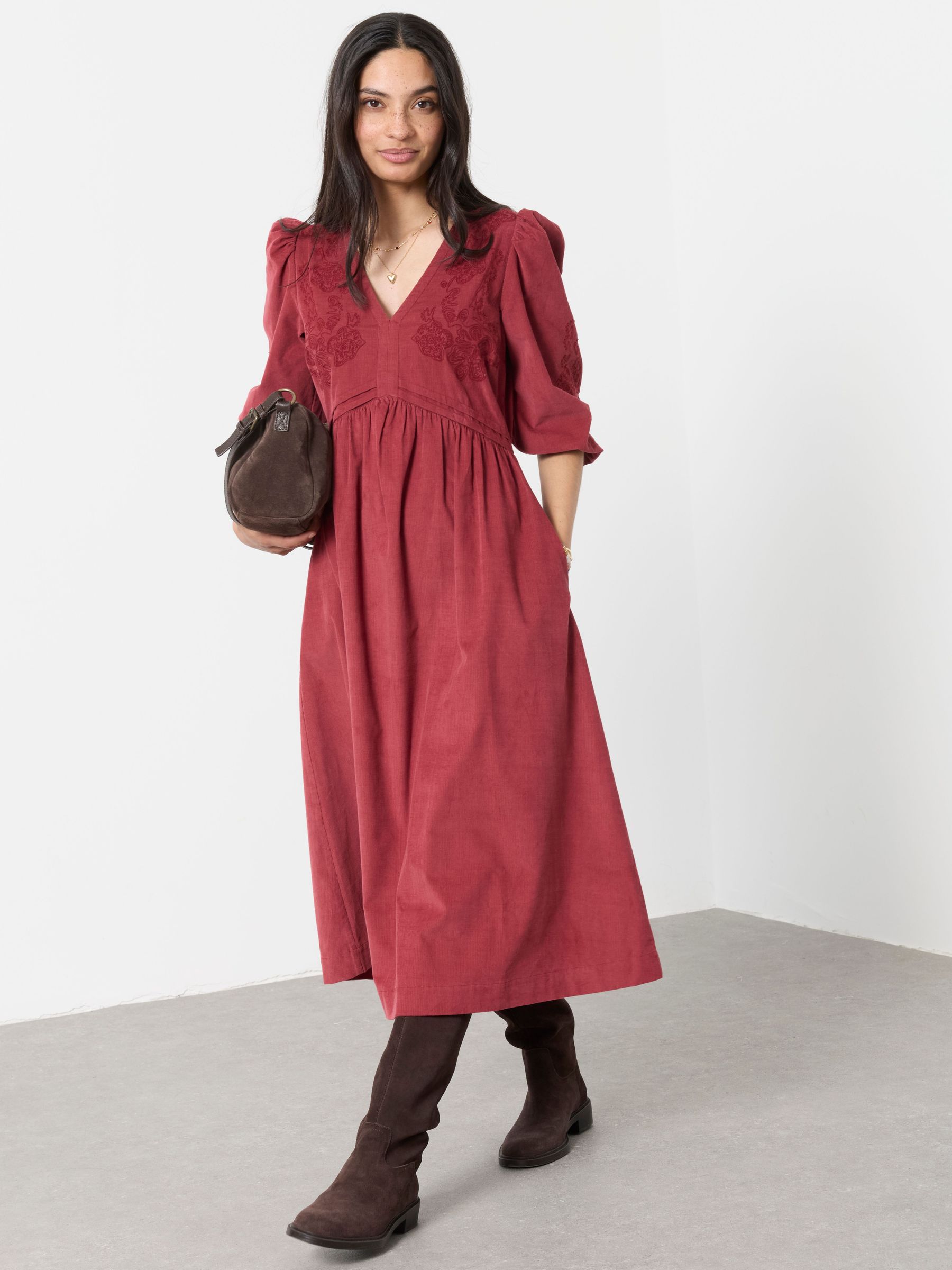 Rust Red - Embroidered Cord Midi Dress