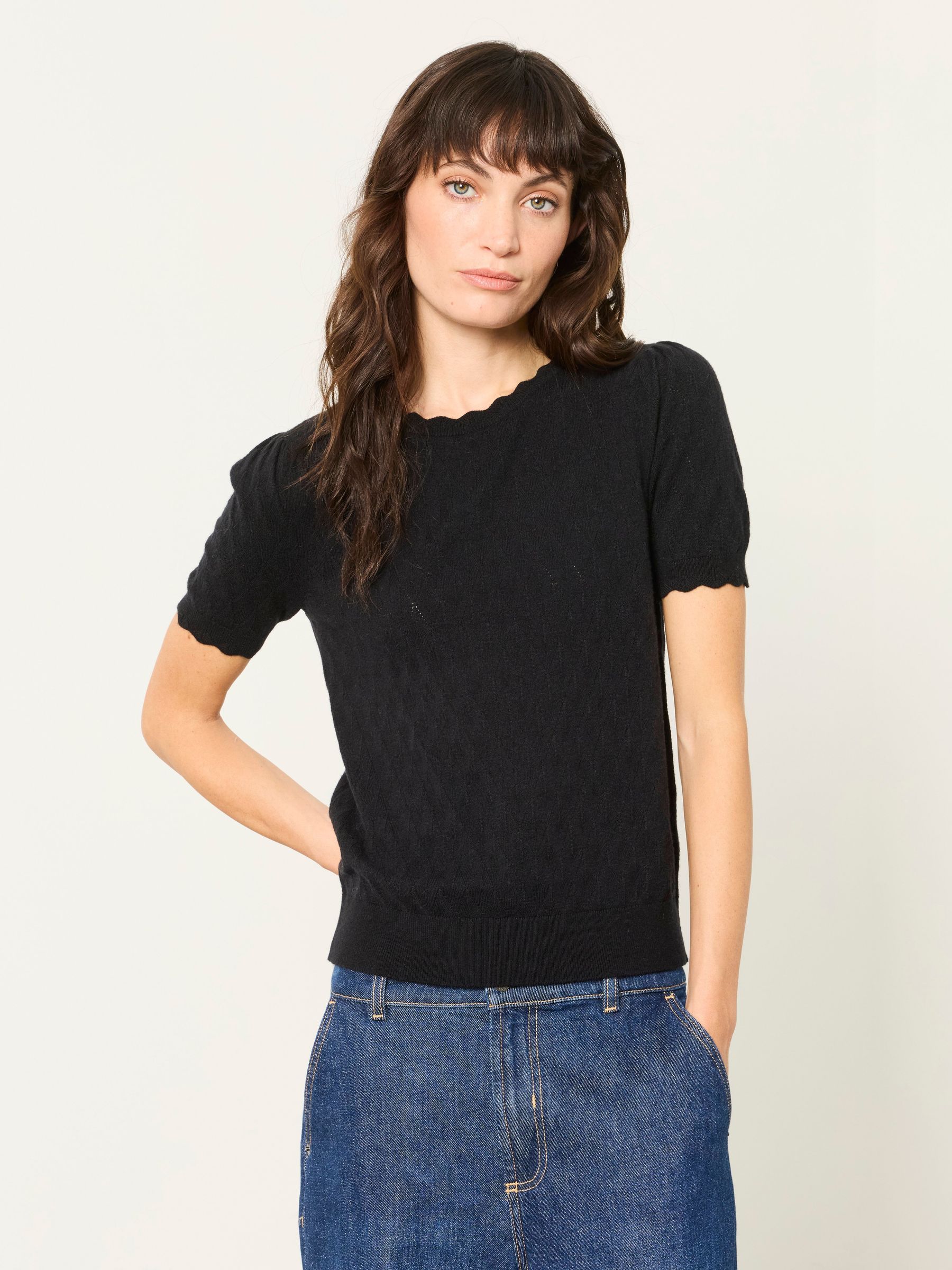 Black - Pointelle Stitch Short Sleeve Top