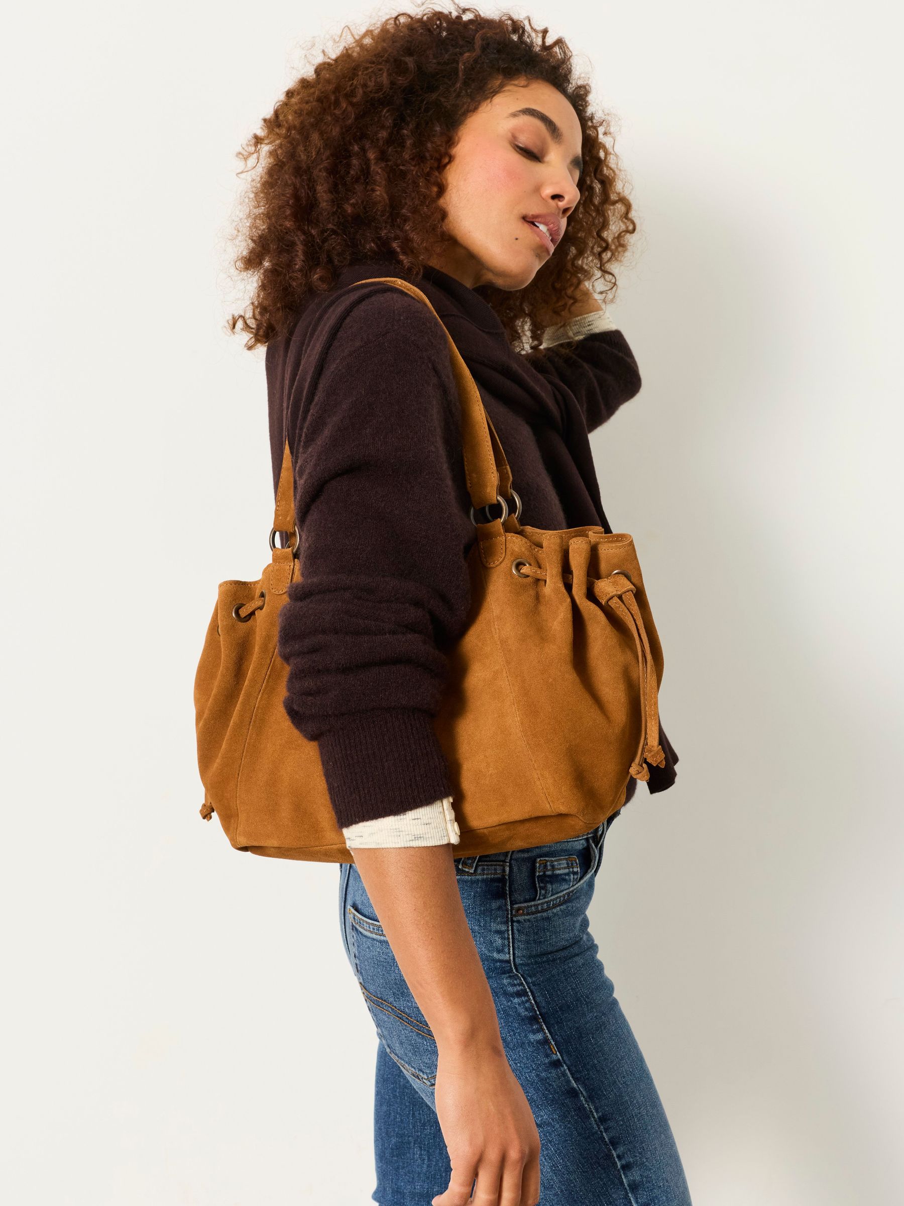 Tan Brown - Ruched Suede Shoulder Bag