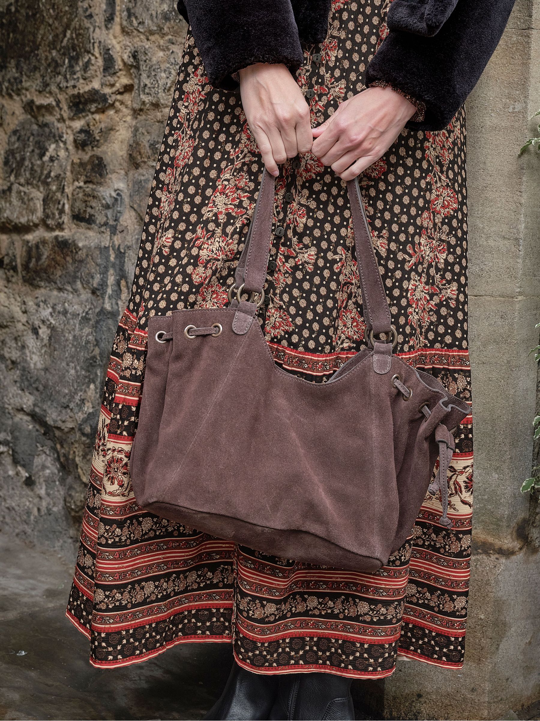 Chocolate Brown - Ruched Suede Shoulder Bag