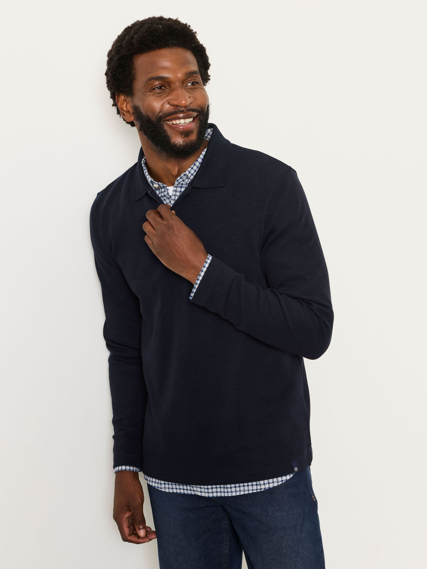 Navy - Regular Long Sleeve Ribbed Polo Shirt