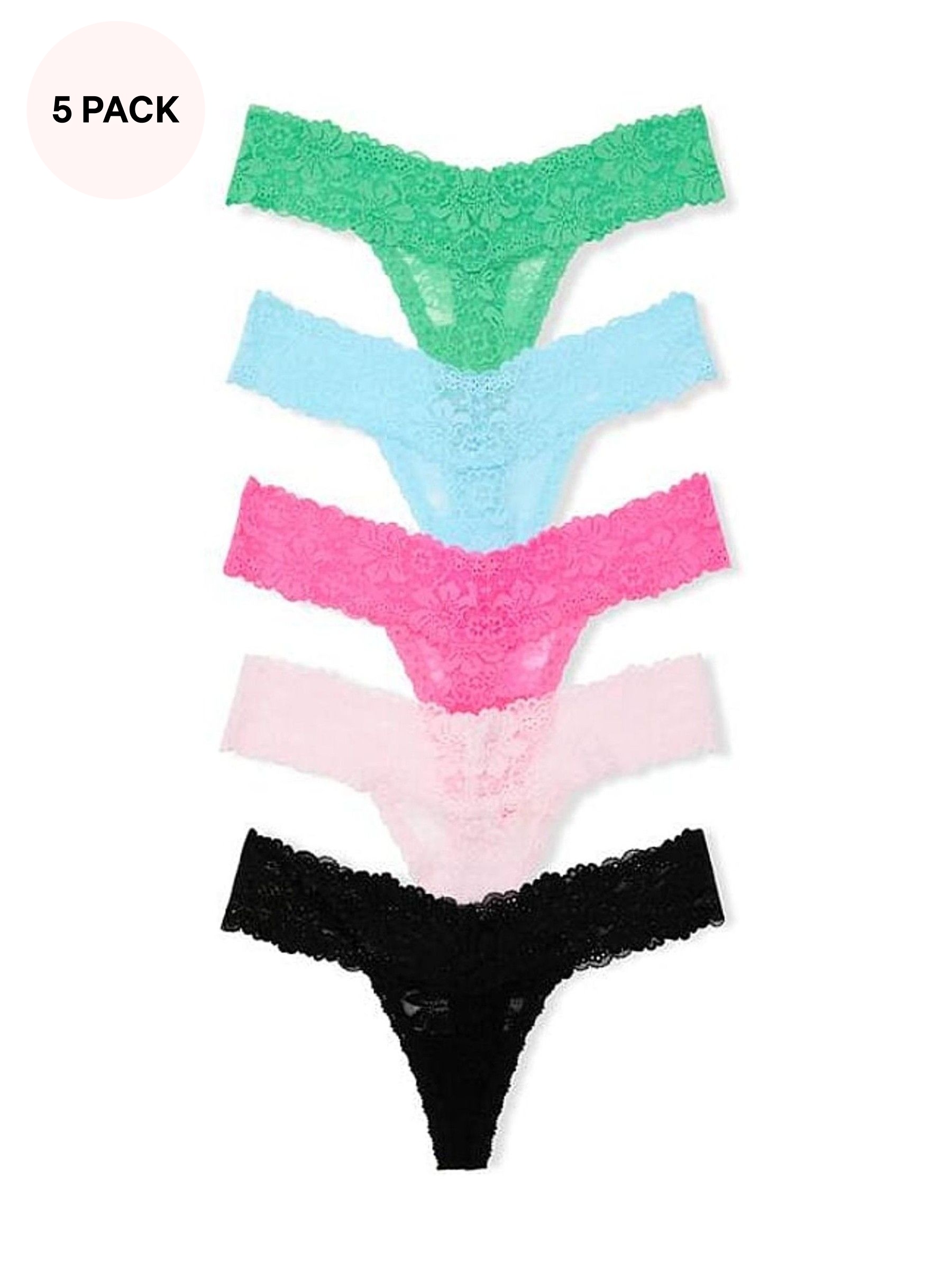 Green/Blue/Pink/Black - String Bikini 5 Pack Lace Knickers