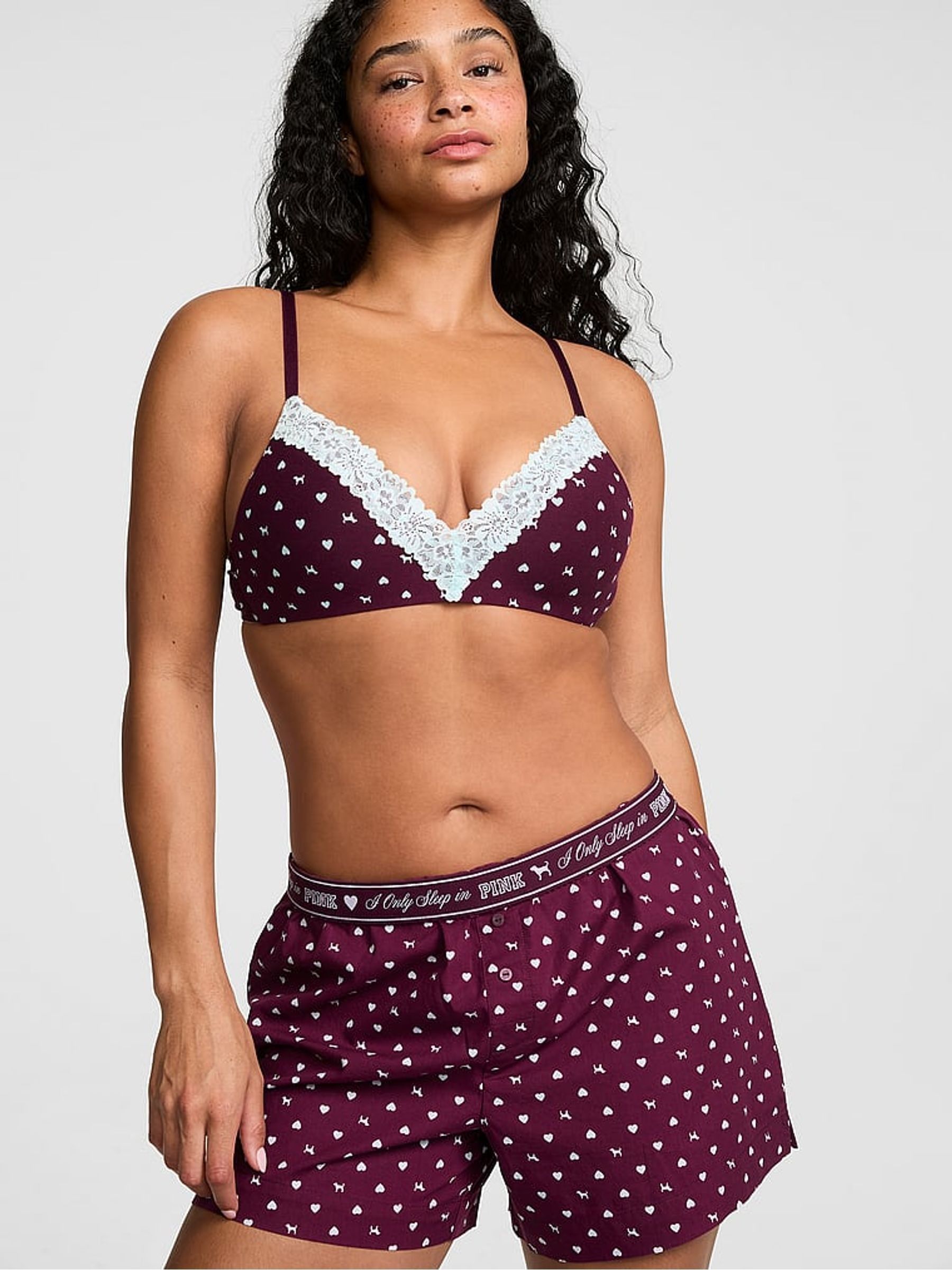 Purple Rose Dog Print - Lightly Lined Cotton Heather Lace Trim Bra