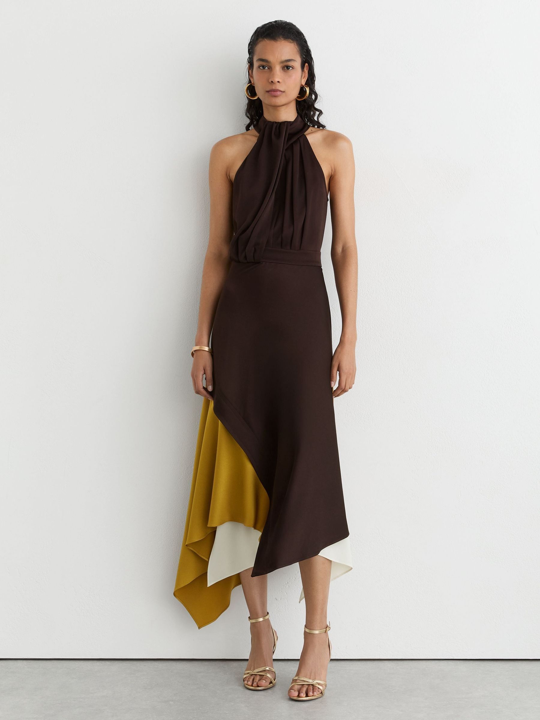 Burgundy/Green - Colour-block Layered Midi Dress
