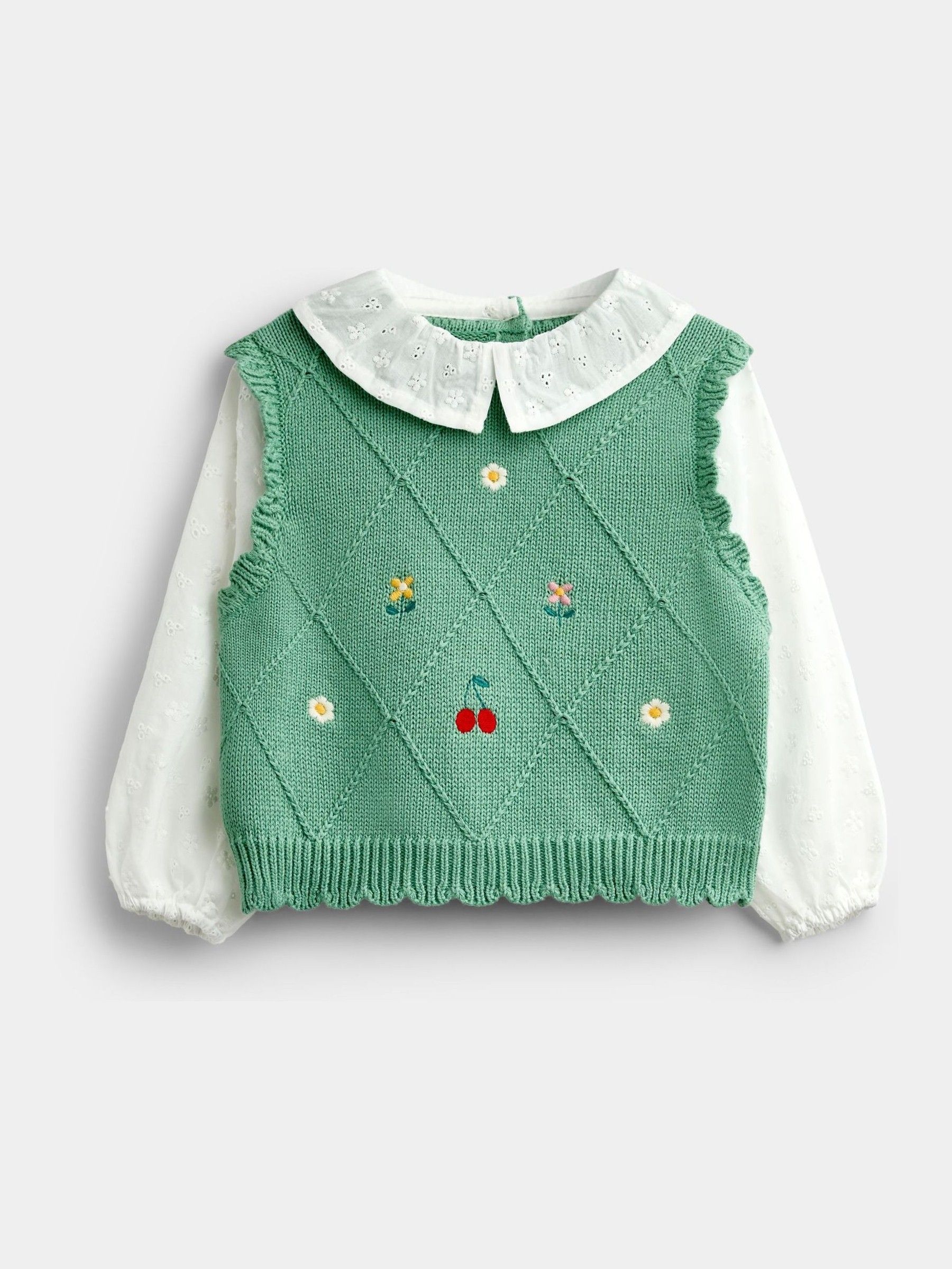 Sage Green Cherry - Woven & Knit Embroidered Collar Top