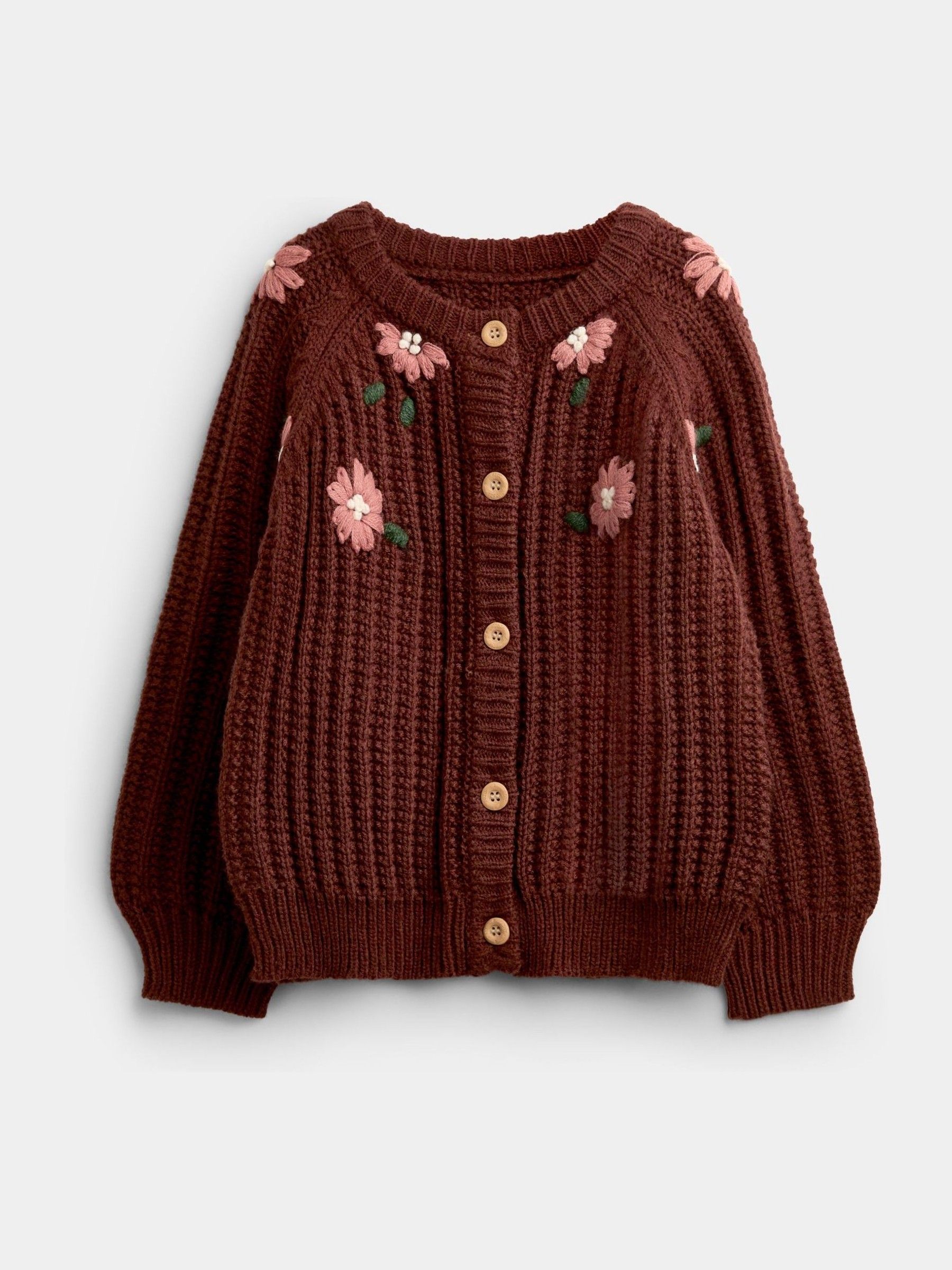 Mid Brown Floral - Embroidered Rib Knit Cardigan
