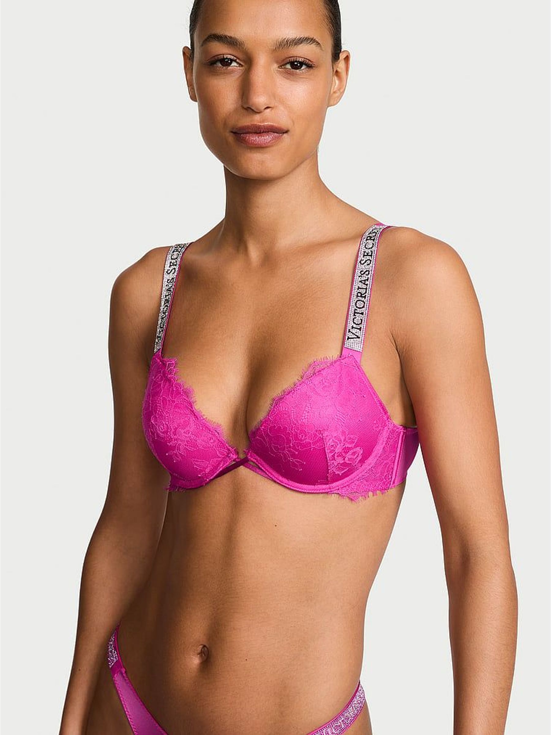 Pink Fire - Push Up Shine Strap Lace Bra