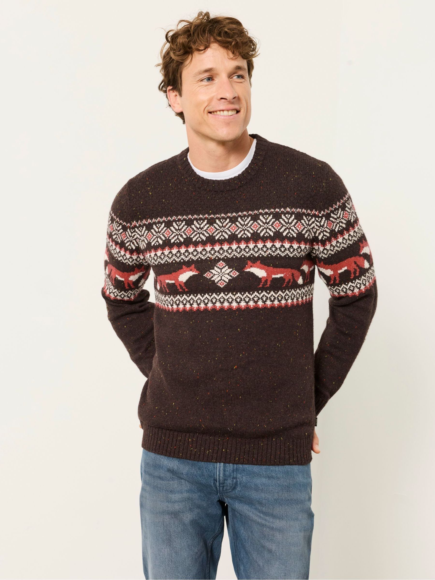 Brown - Regular Fox Crew Neck Christmas Jumper