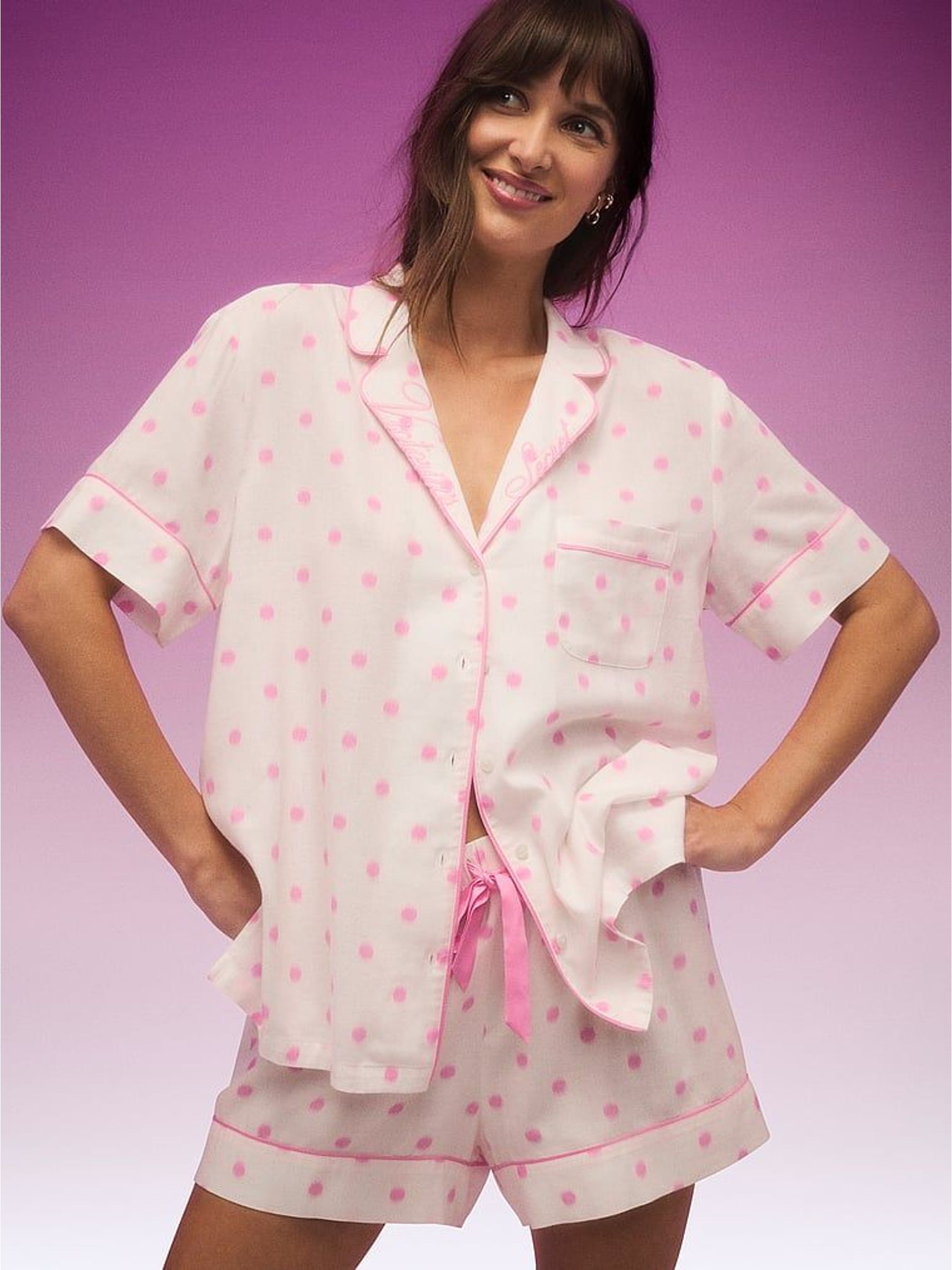 Pink Polka Dot White - Flannel Shorts Pyjama Set
