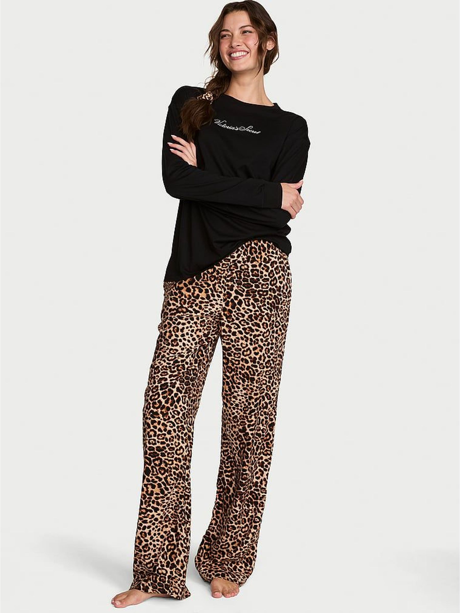 Black & Leopard Brown - Long Sleeve Flannel Pyjamas Set