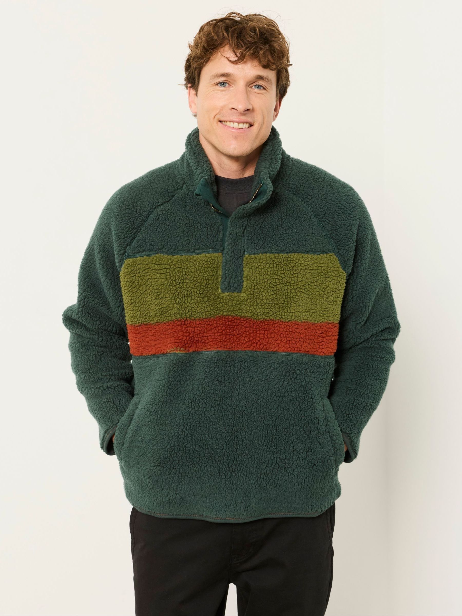 Dark Green - Regular Chest Stripe Funnel Neck Fleece
