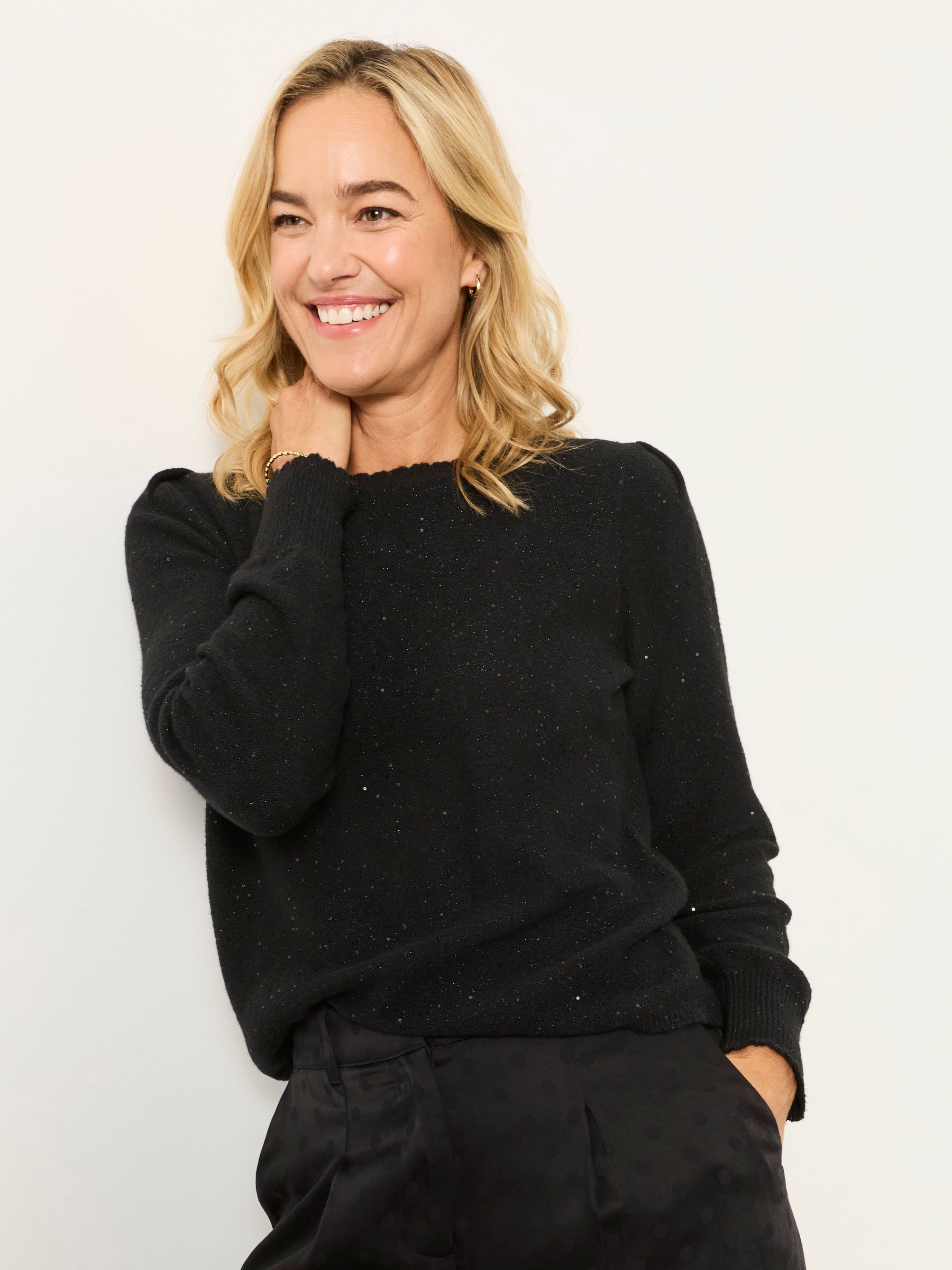 Black - Knitted Sequin Sparkle Frill Cuff Jumper