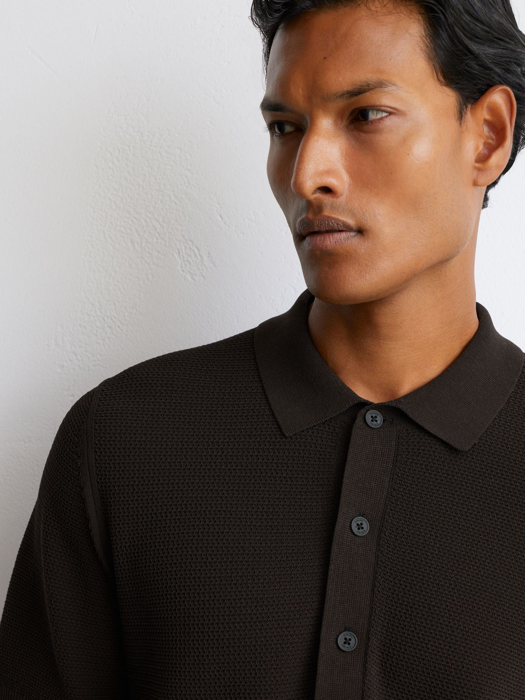 Chocolate Brown - Regular Cotton-blend Basket-stitch Polo Shirt