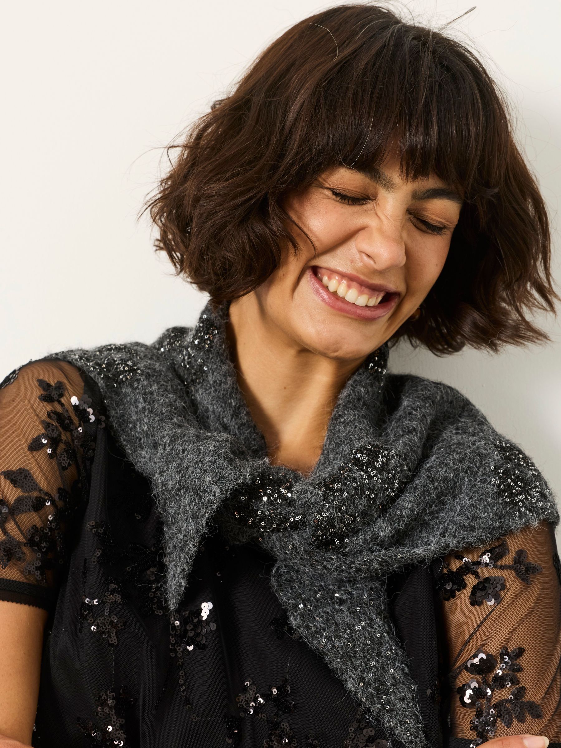 Grey - Floral Sequin Triangle Scarf
