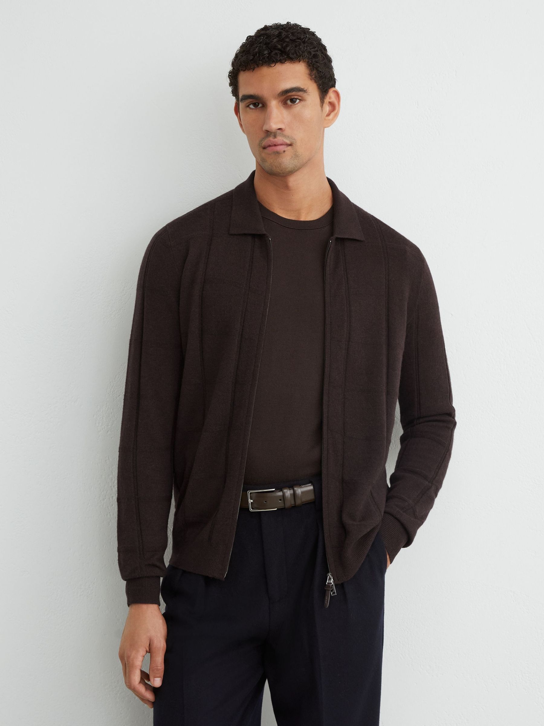 Dark Brown - Regular Wool Check-textured Zip-through Cardigan