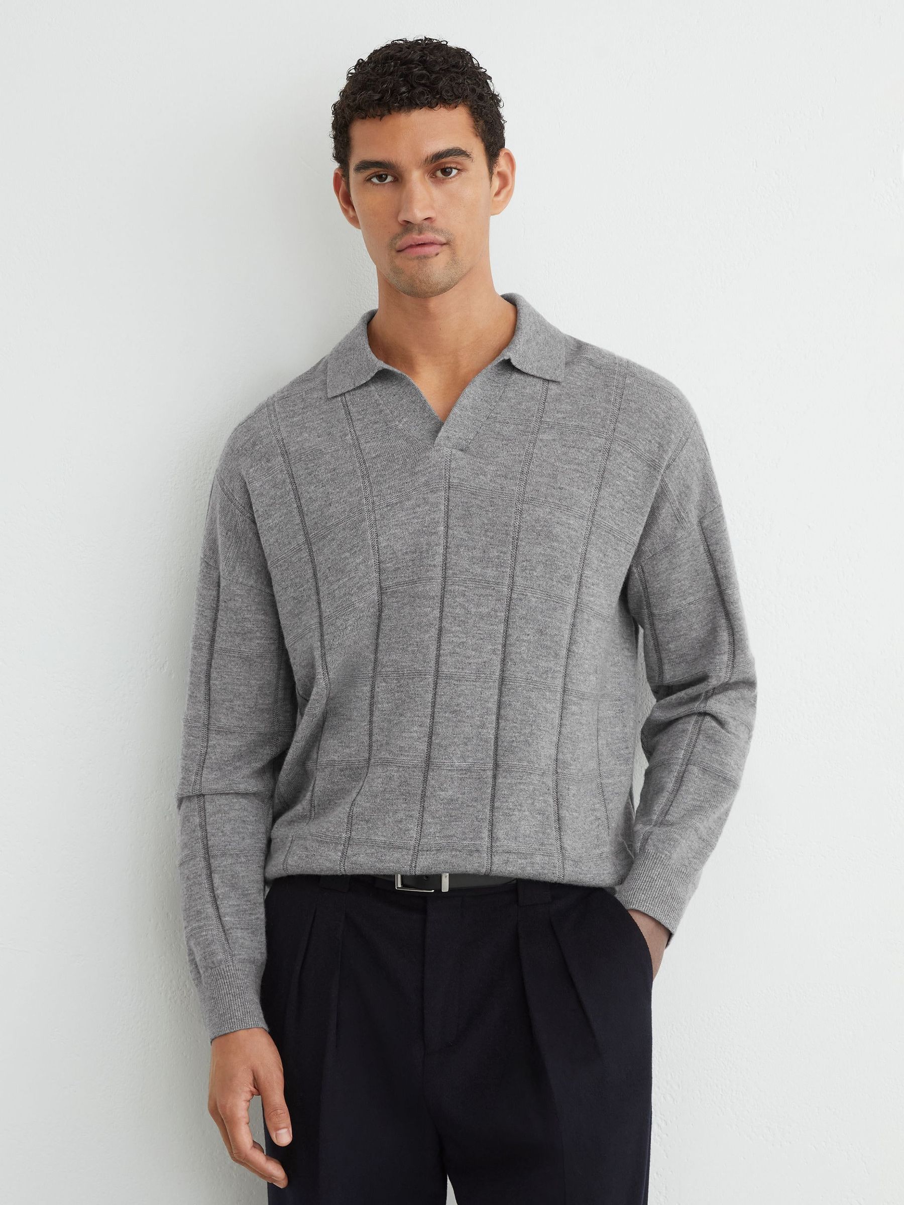 Grey - Regular Wool Square-textured Open-collar Polo Jumper