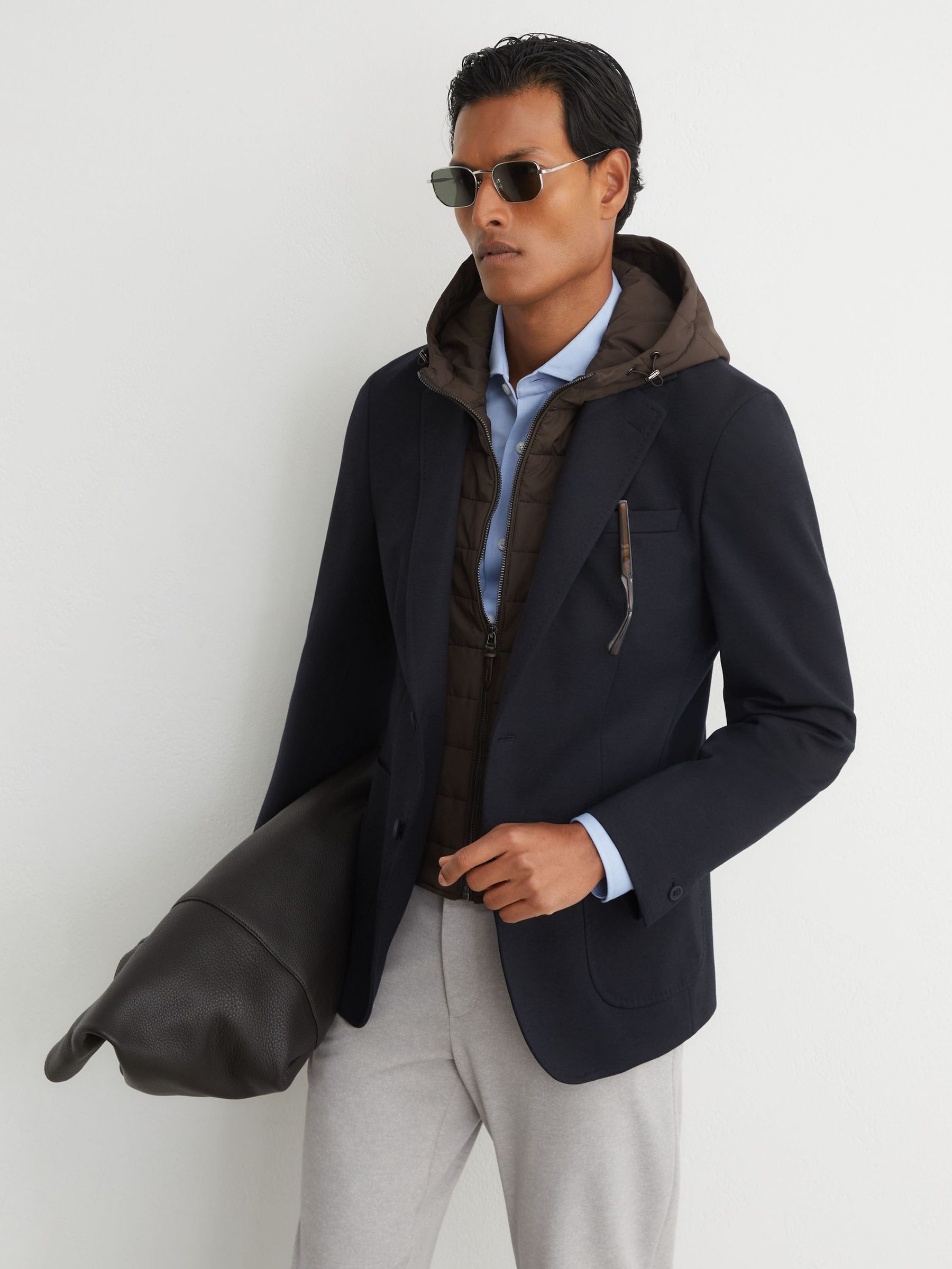 Navy/Brown - Tailored Fit R-flex Gilet-insert Single-breasted Blazer