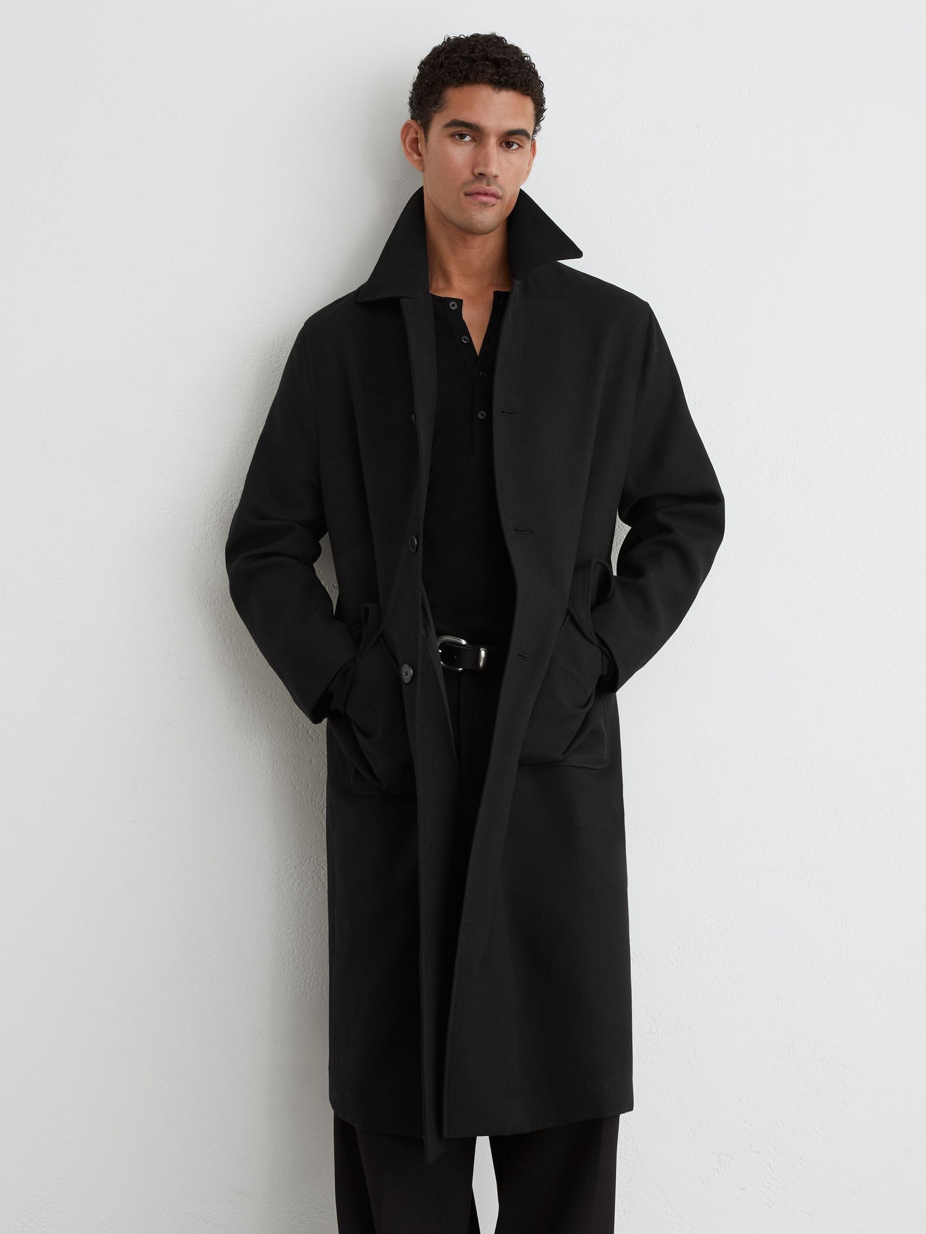 黑色 - Regular Wool-blend Twill Single-breasted Overcoat