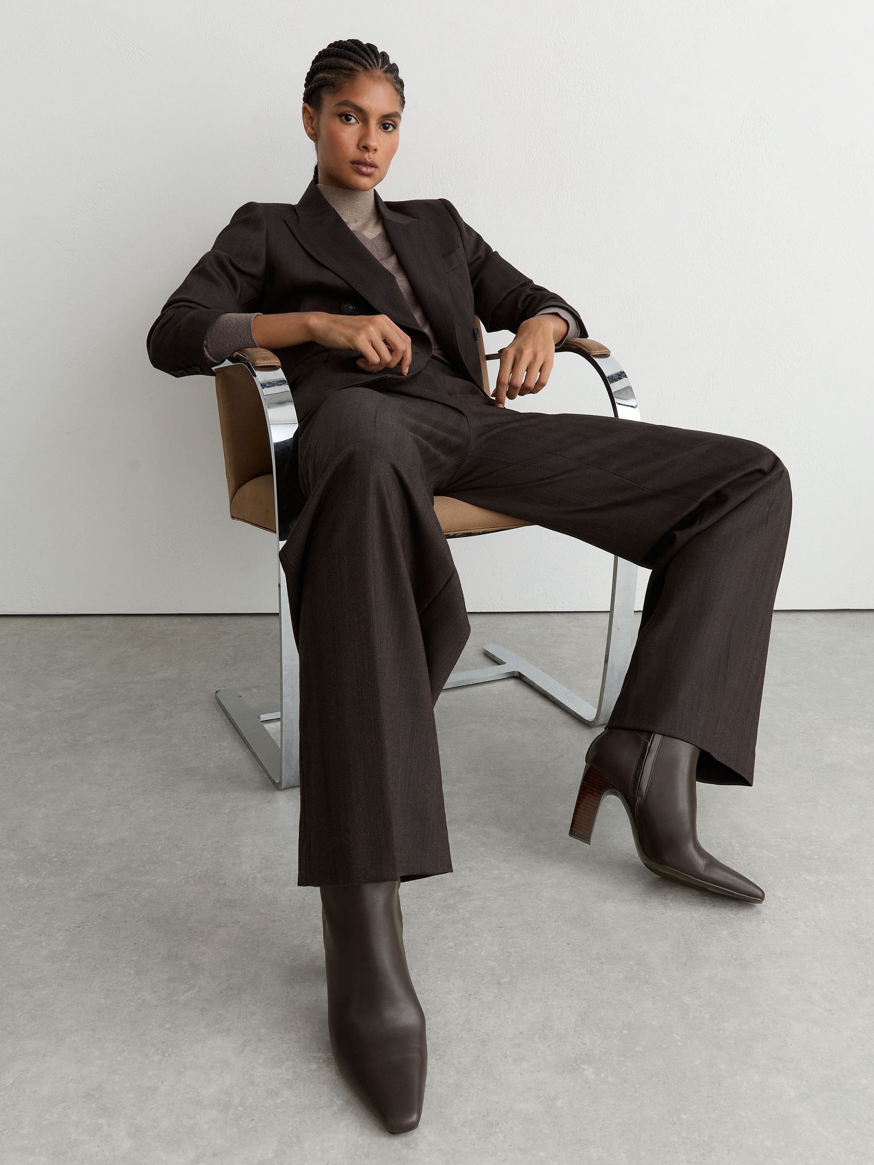 Chocolate - Leather Chisel-toe Block-heel Ankle Boots