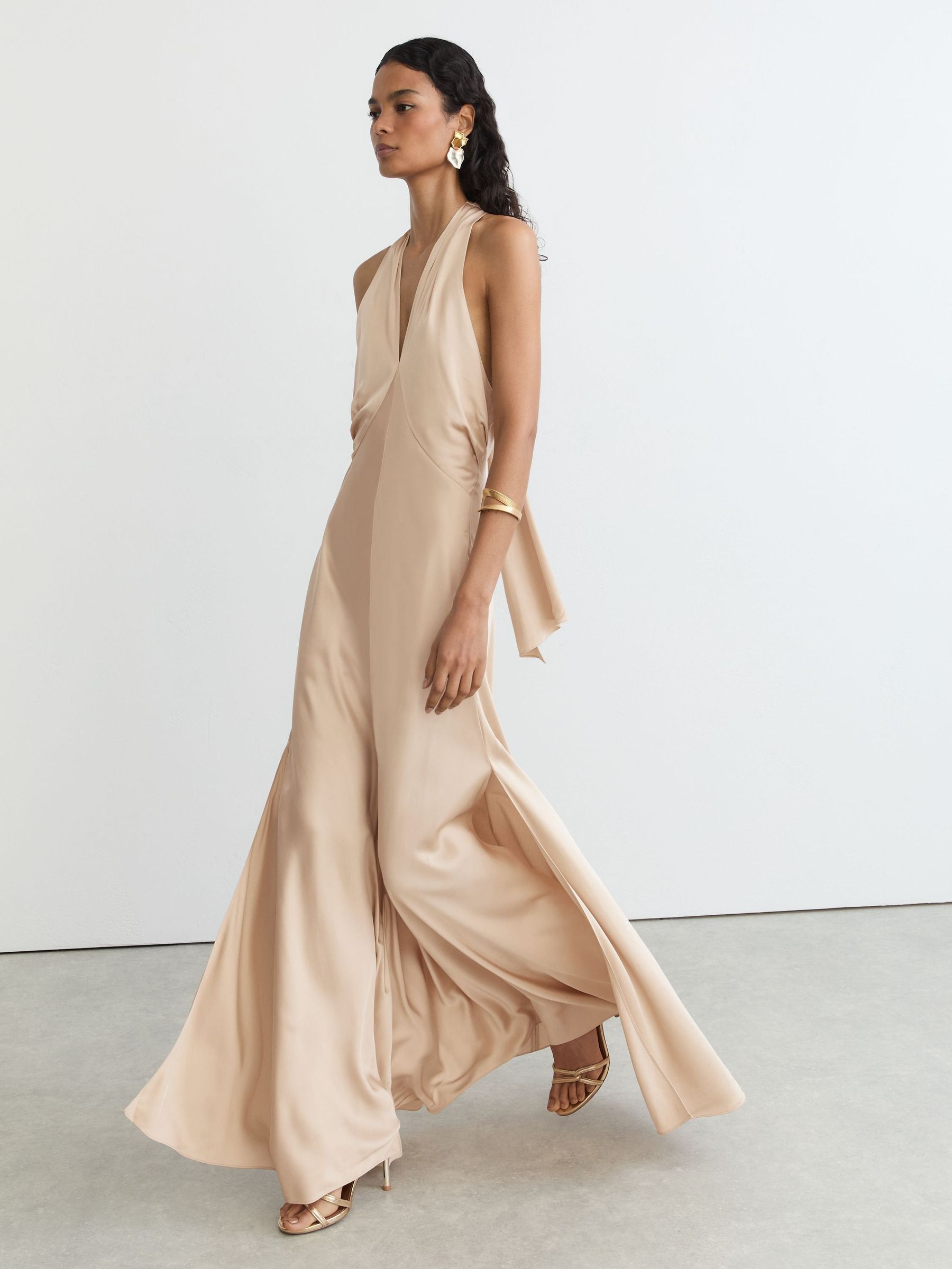 夏香中性 - Satin Halterneck Empire-line Maxi Dress