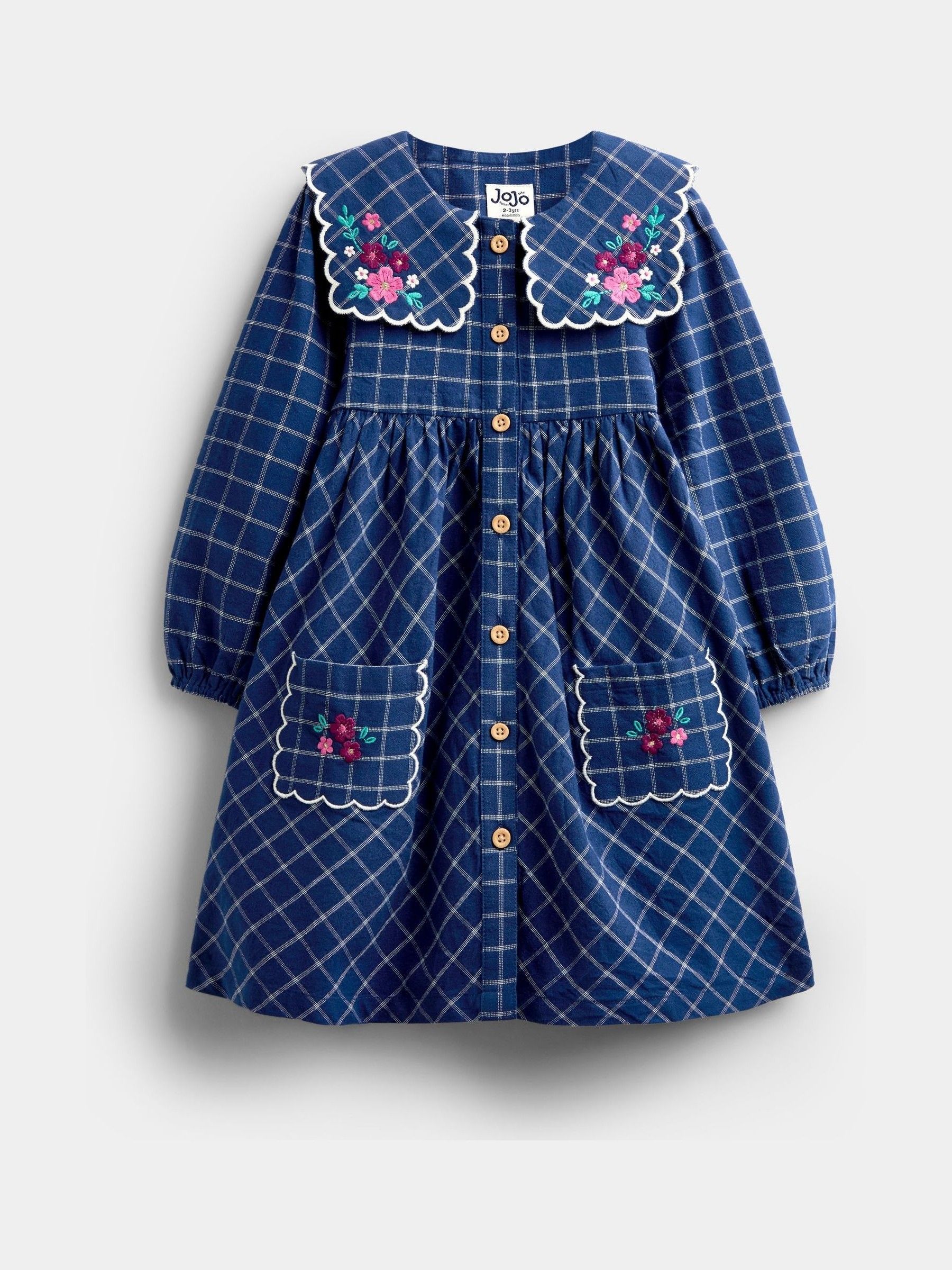 Navy Blue Floral - Embroidered Check Collar Dress
