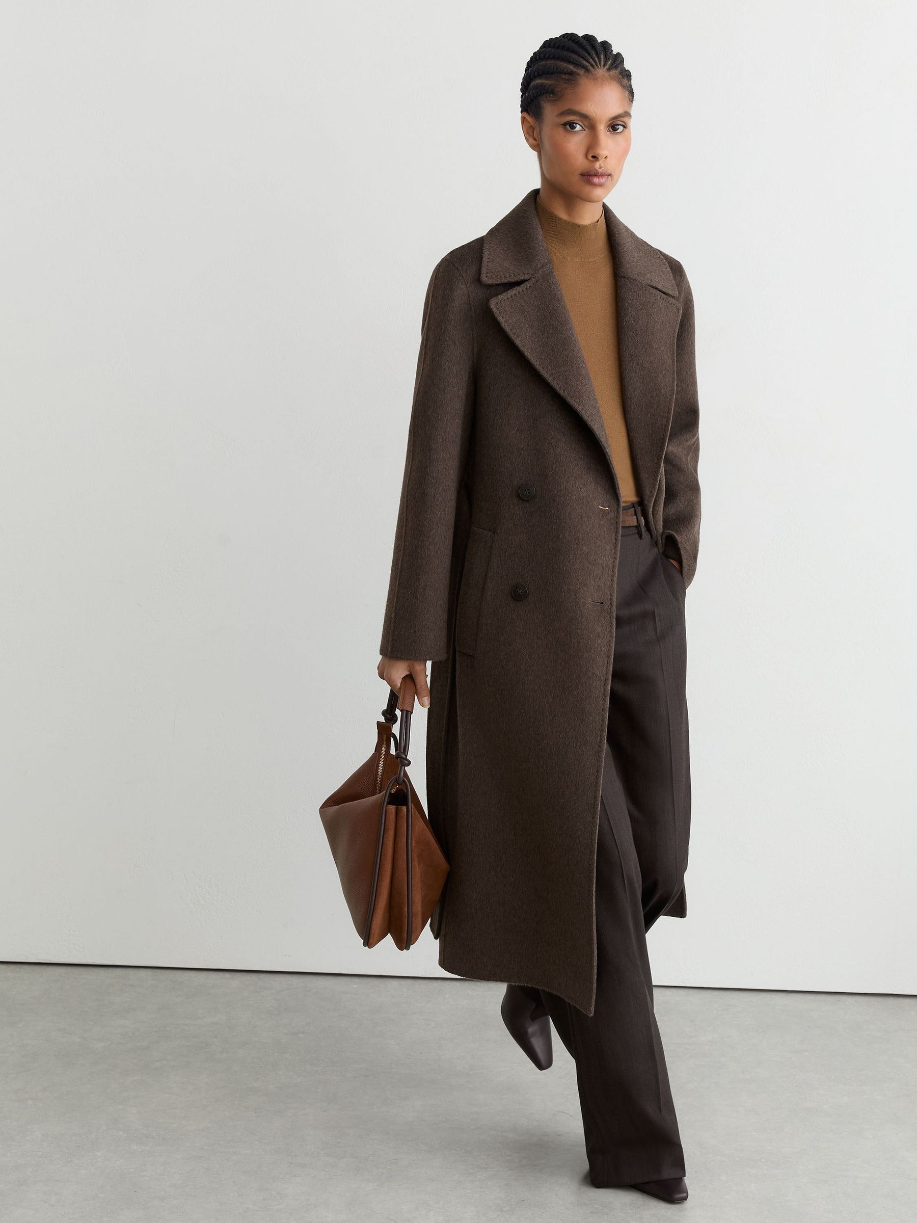 Mocha Brown - Double-breasted Blind-seam Coat Wool-blend With Cashmere