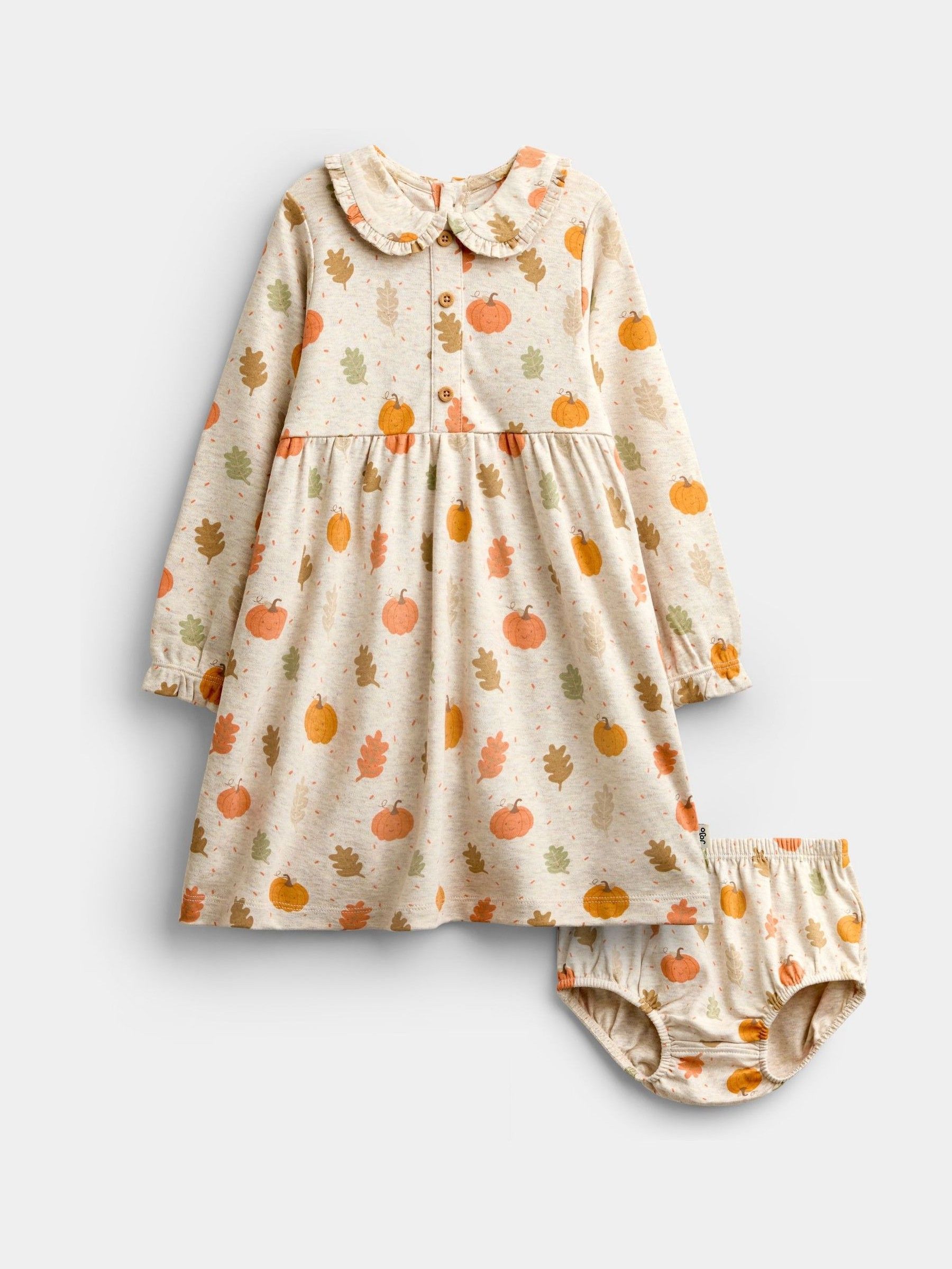 Oatmeal Pumpkin - Collared Printed Baby Dress & Knicker Set