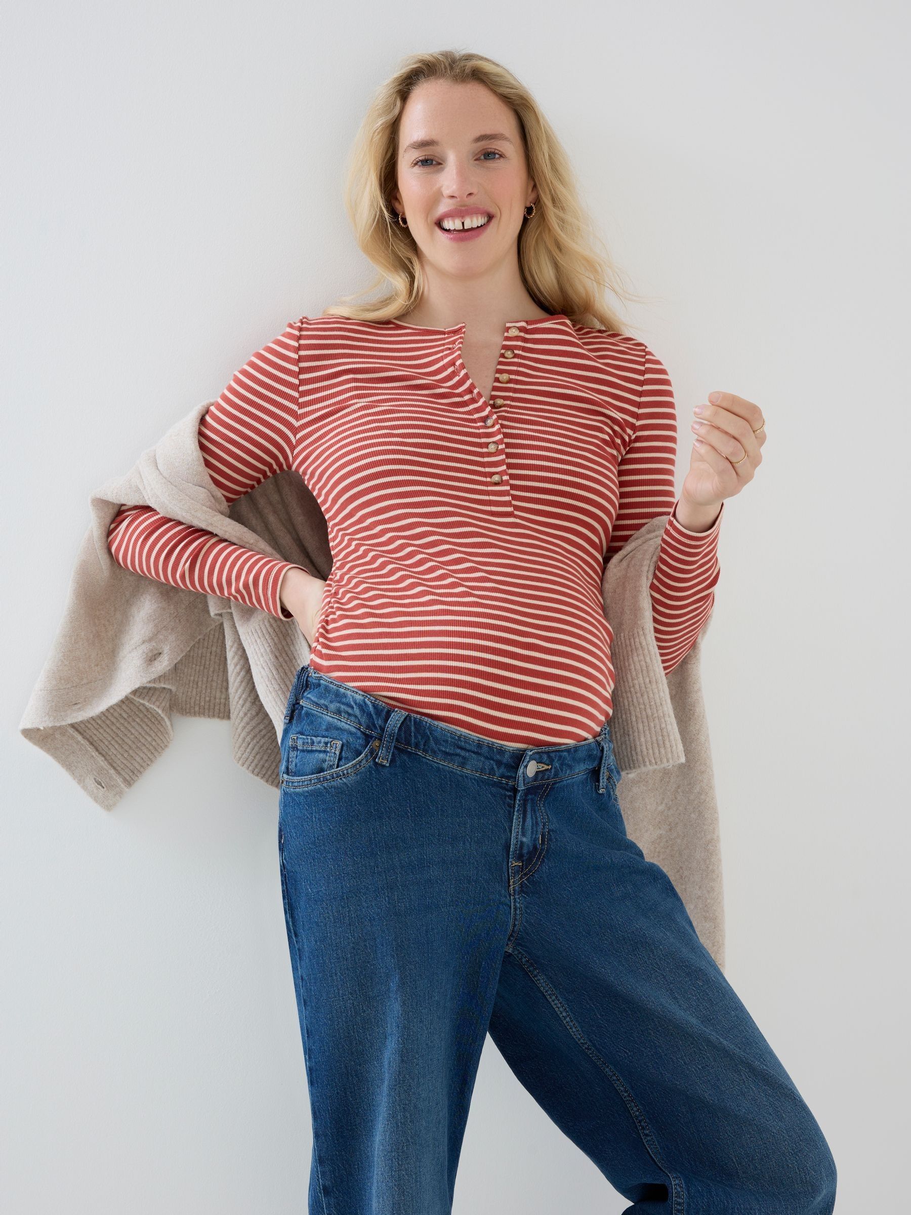 Rust Orange - Striped Rib Jersey Button Up Maternity Top