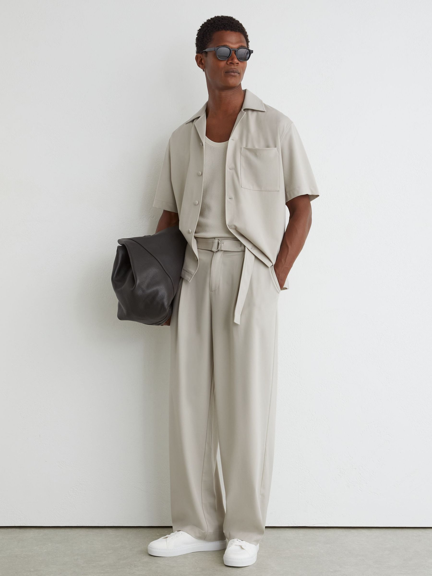 Light Stone - Regular Belted Relaxed-fit Pleated Trousers