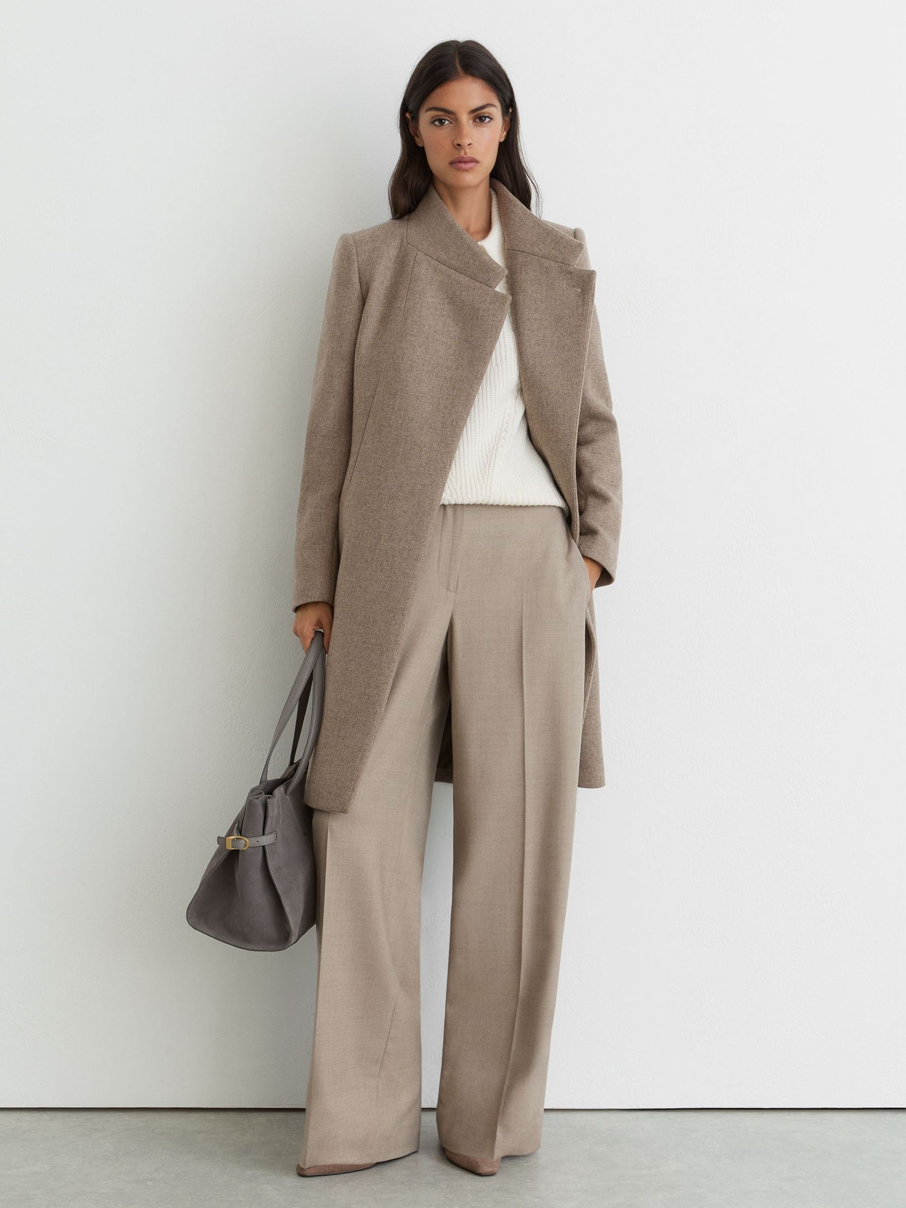 Neutral Melange - Wool-blend Wrapover Mid-length Coat