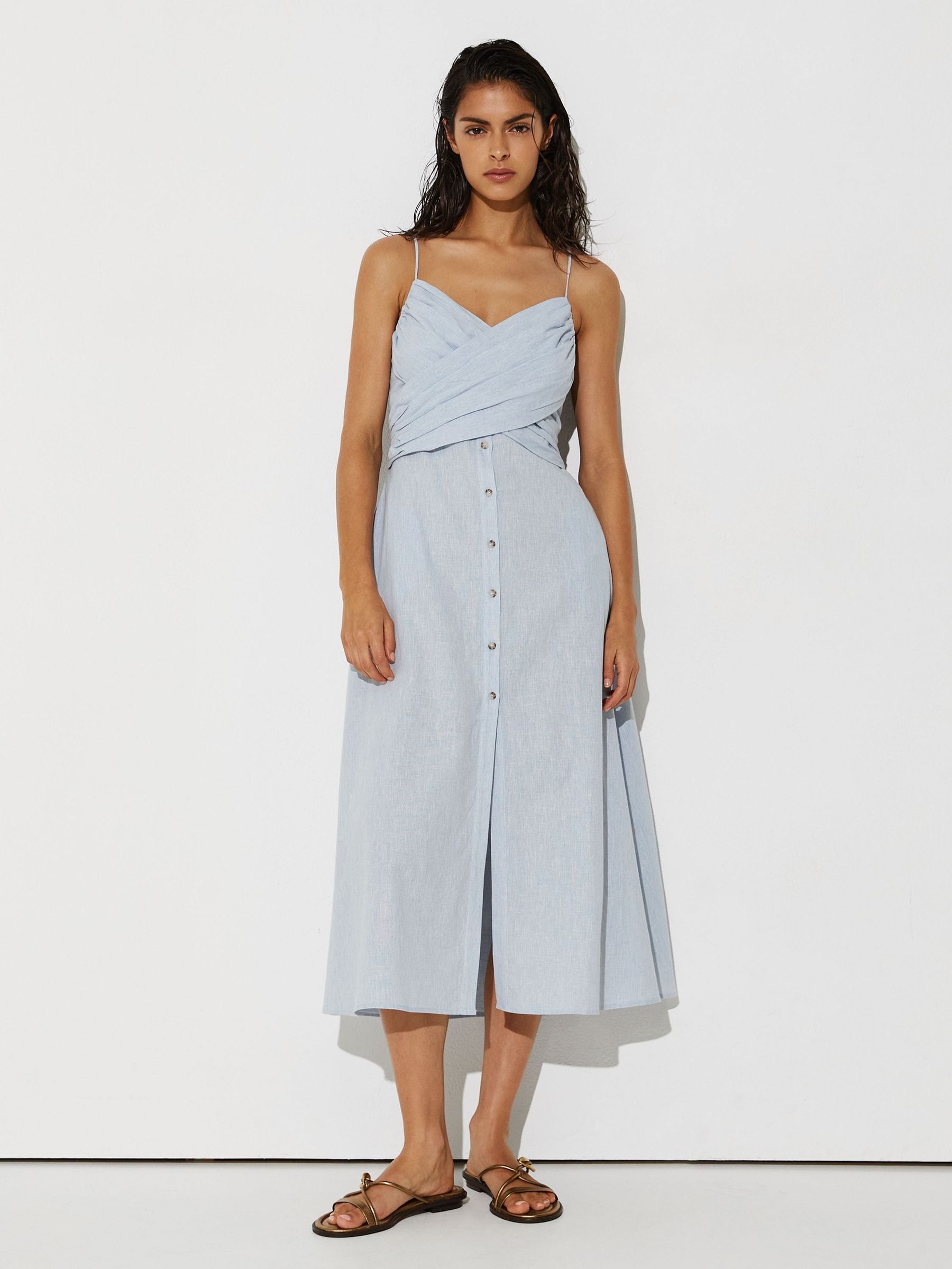 bleu pâle - Linen-cotton Draped Midi Beach Dress