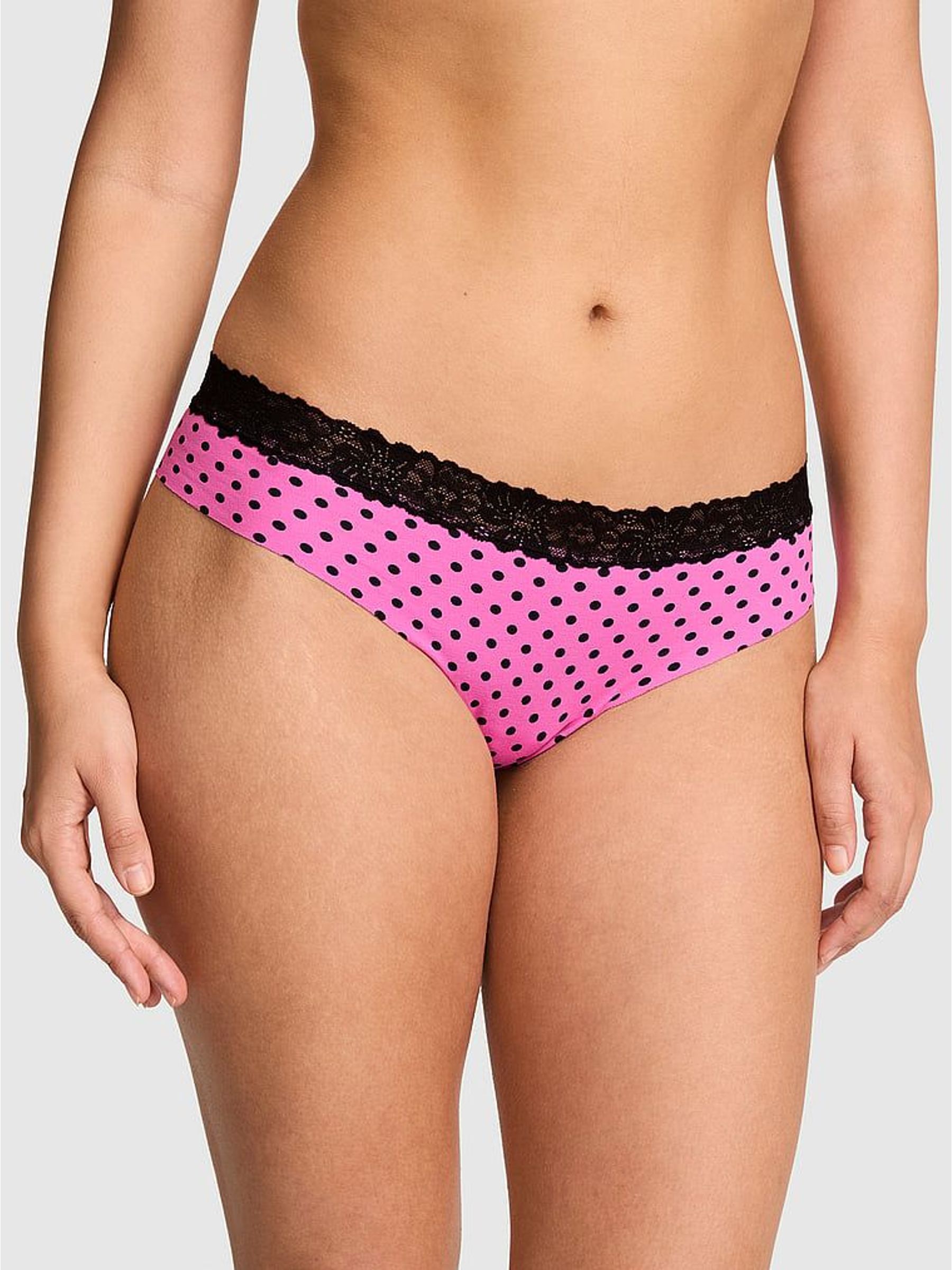 Sizzling Strawberry Pink Polka Dots - G-string Lace Trim Knickers