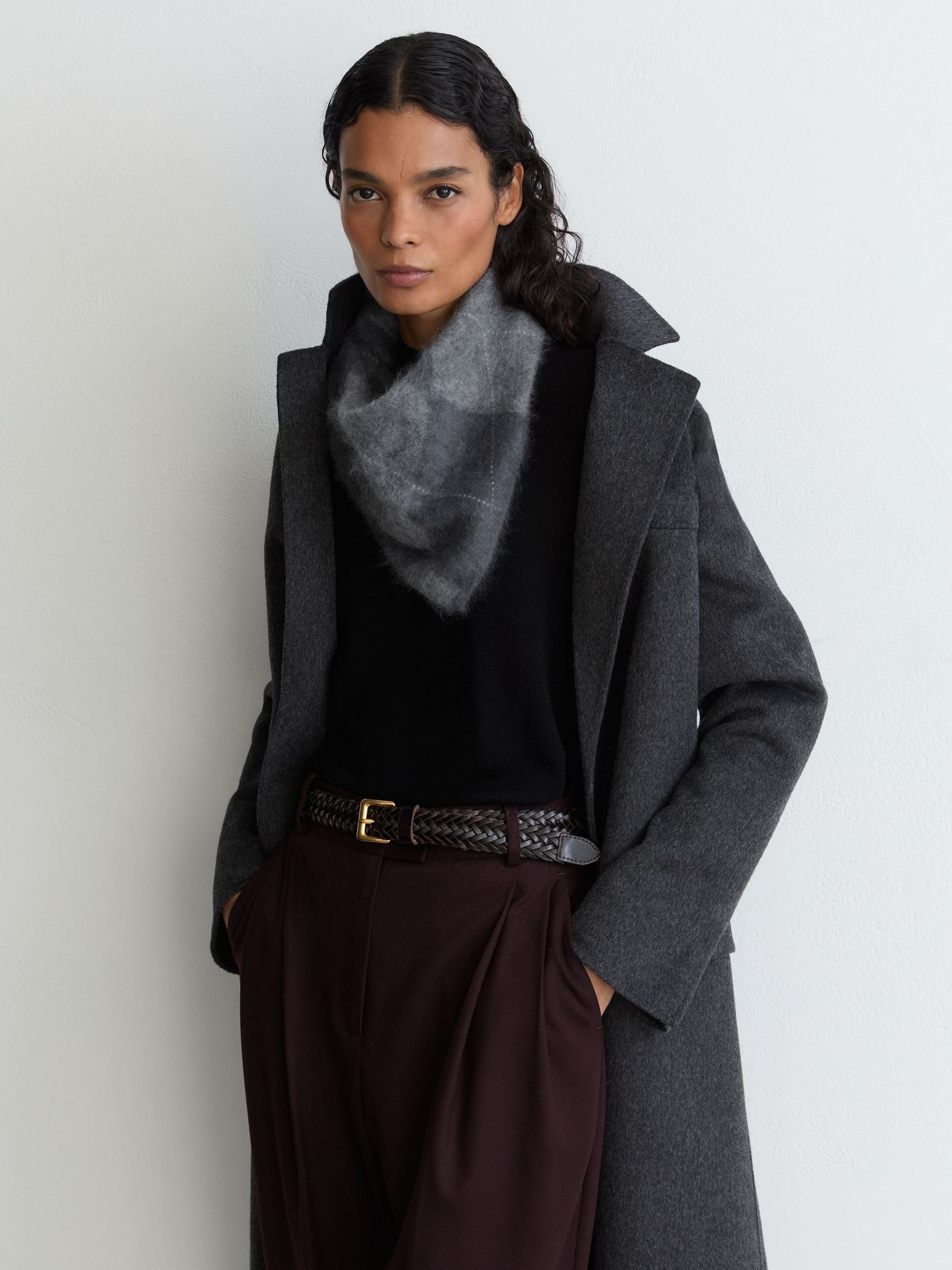 Grey - Brushed-cashmere Argyle-knit Neck-tie Scarf