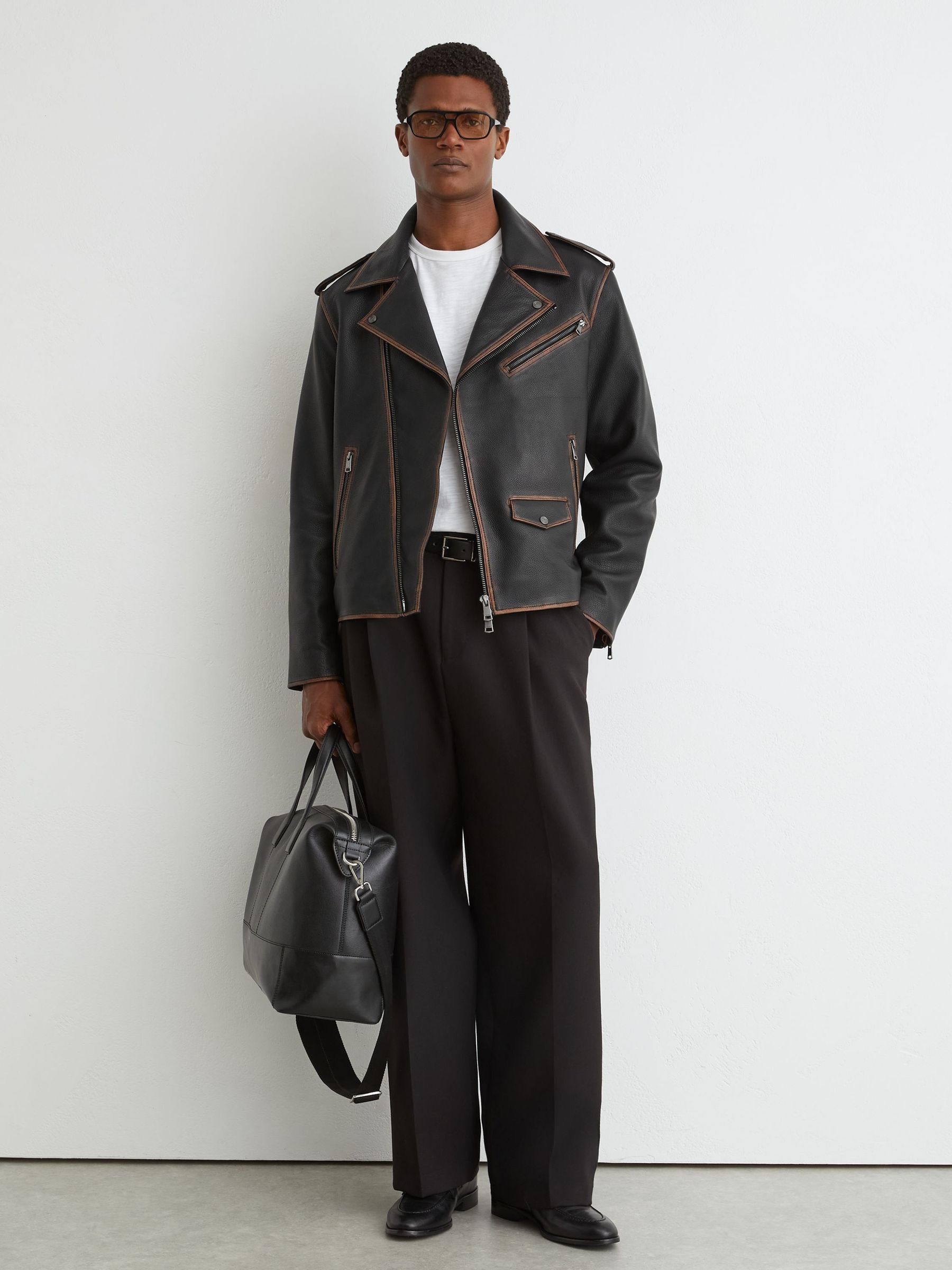 黑色 - Regular Leather Burnished-detail Biker Jacket