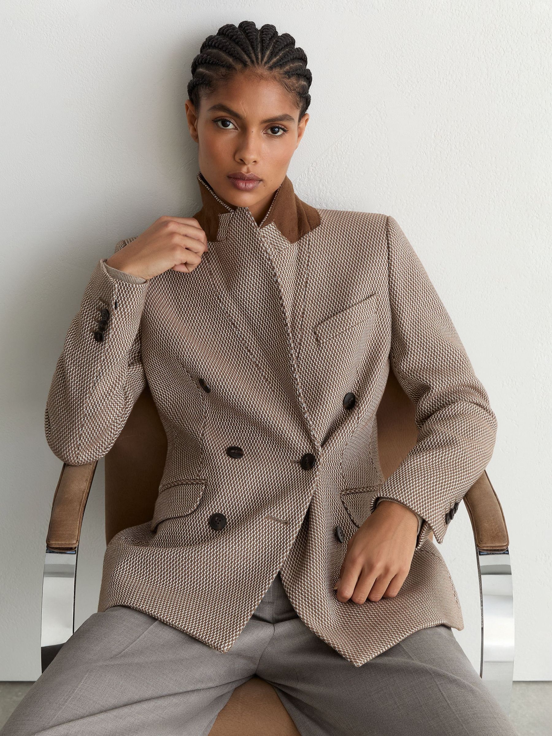 Taupe Neutral - Wool-blend Textured Double-breasted Blazer