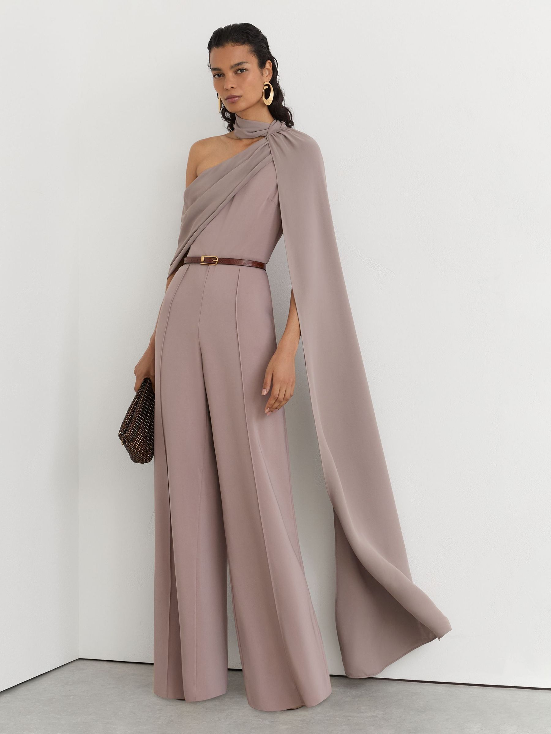 Mauve - One-shoulder Drape Wide-leg Jumpsuit