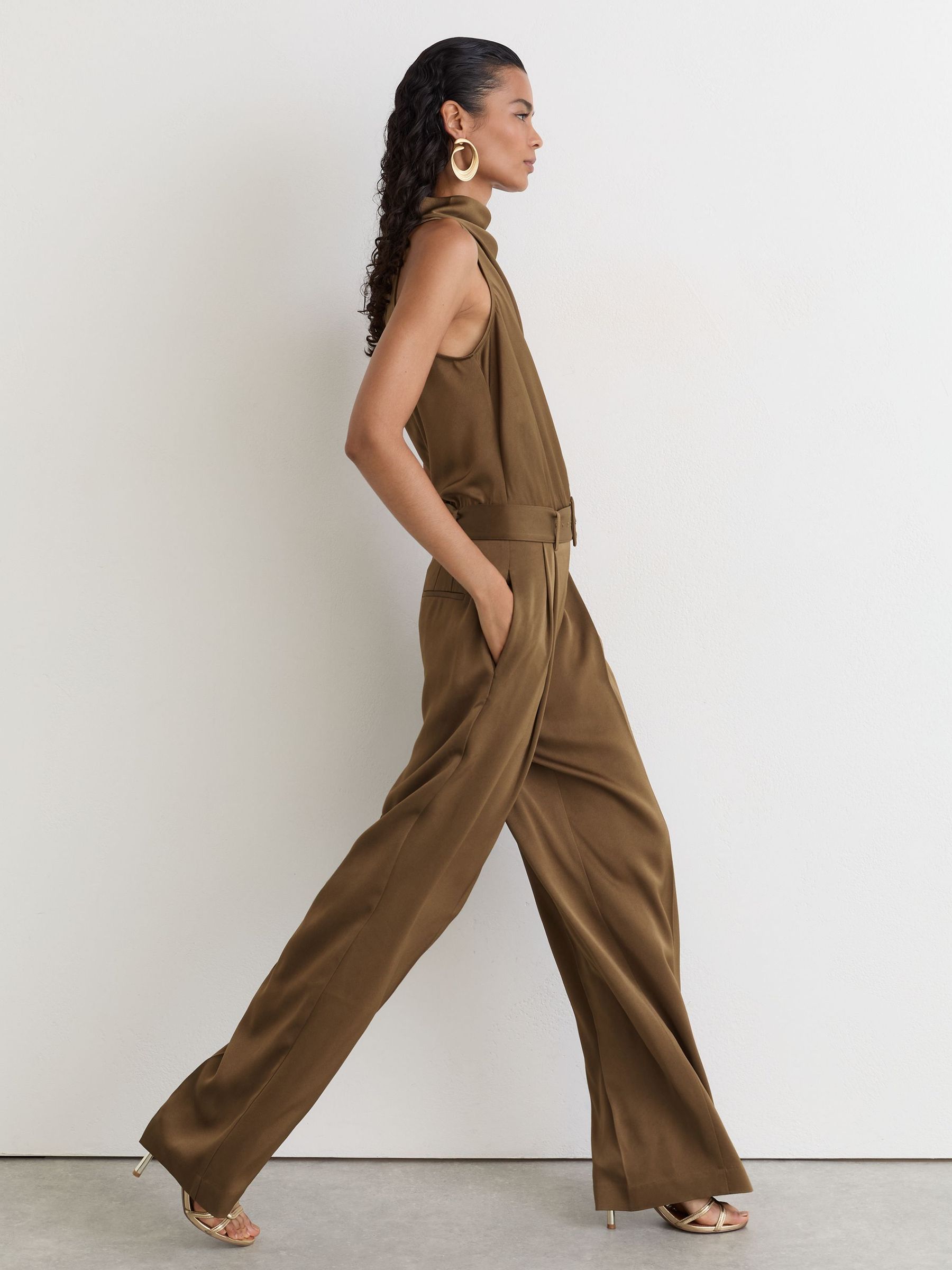 Vert kaki - Satin Cowl-neck Wide-leg Jumpsuit
