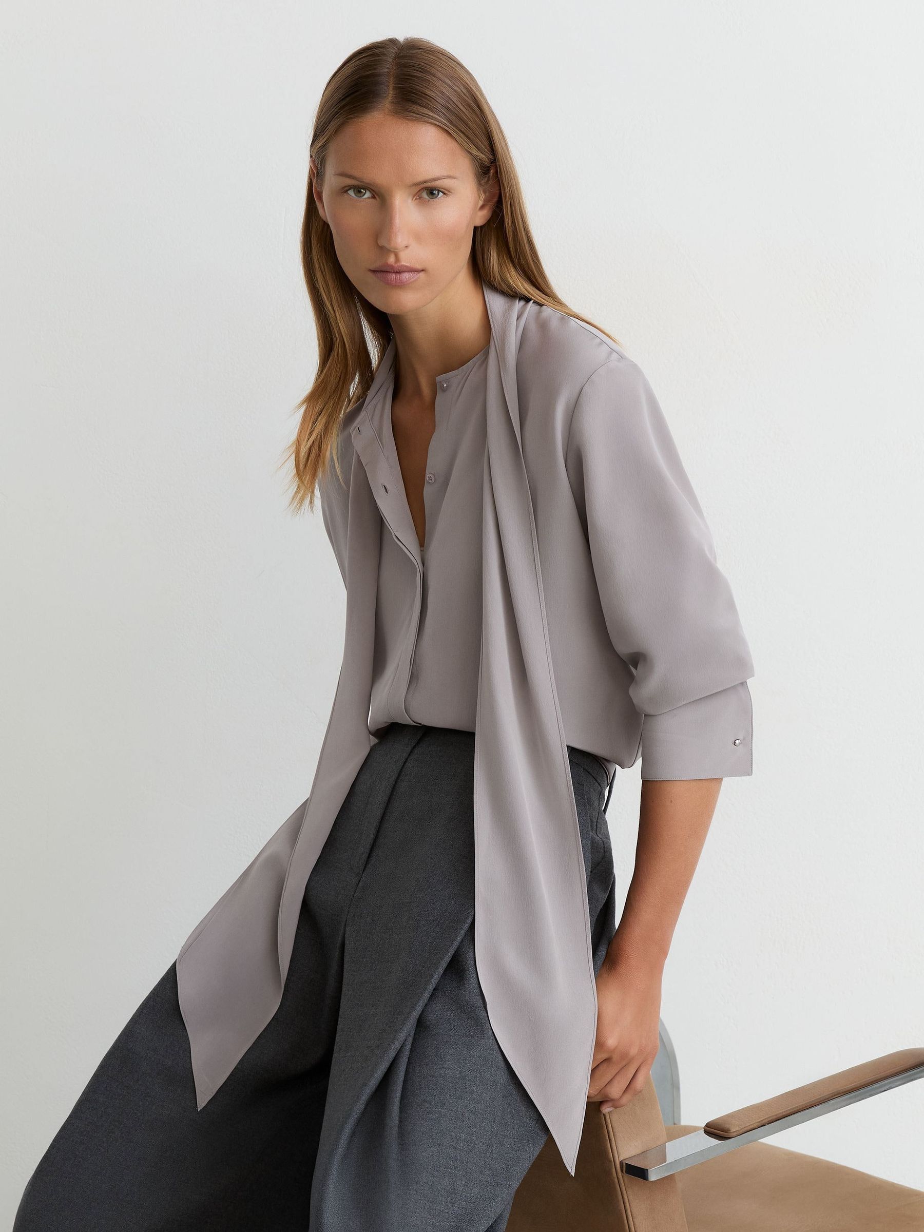 Grey - Matte-silk Tie-neck Blouse