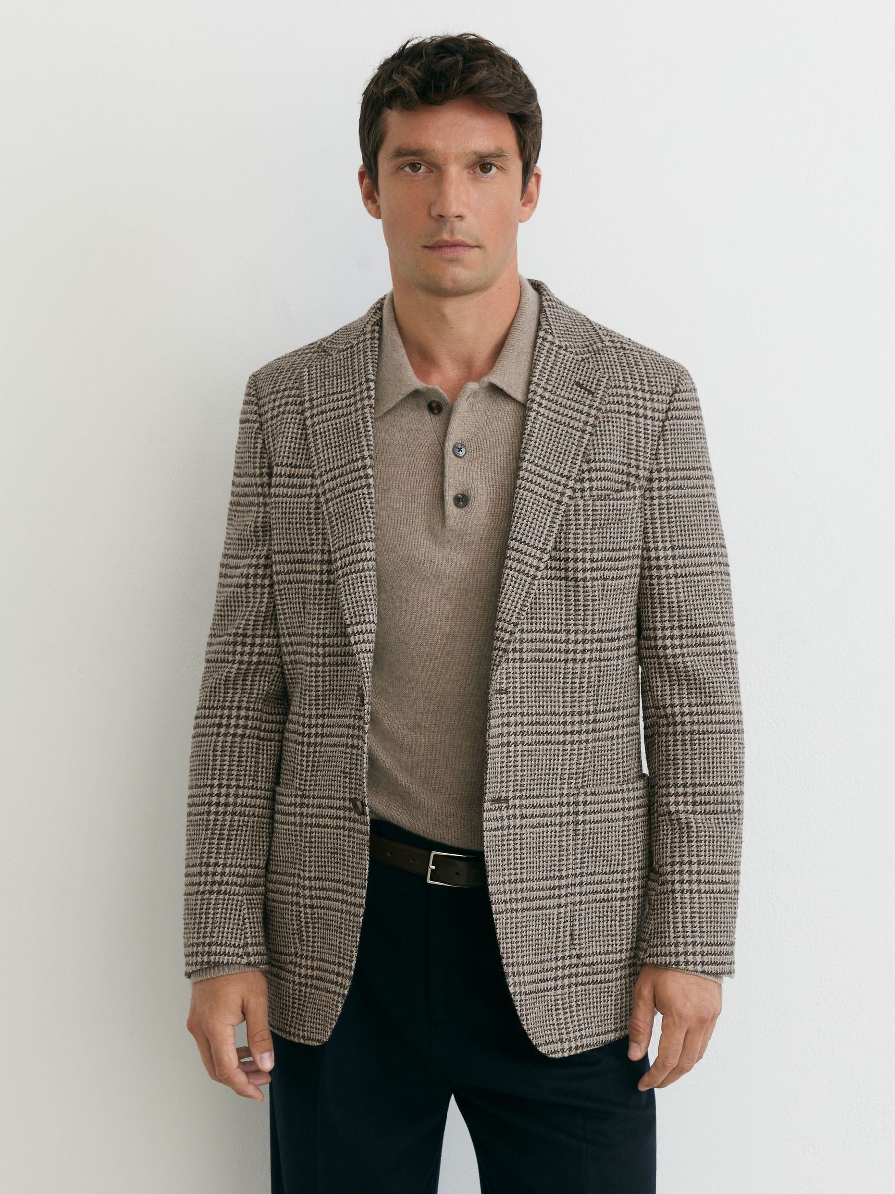 Brown/White - Classic Fit Wool-blend Houndstooth Single-breasted Blazer