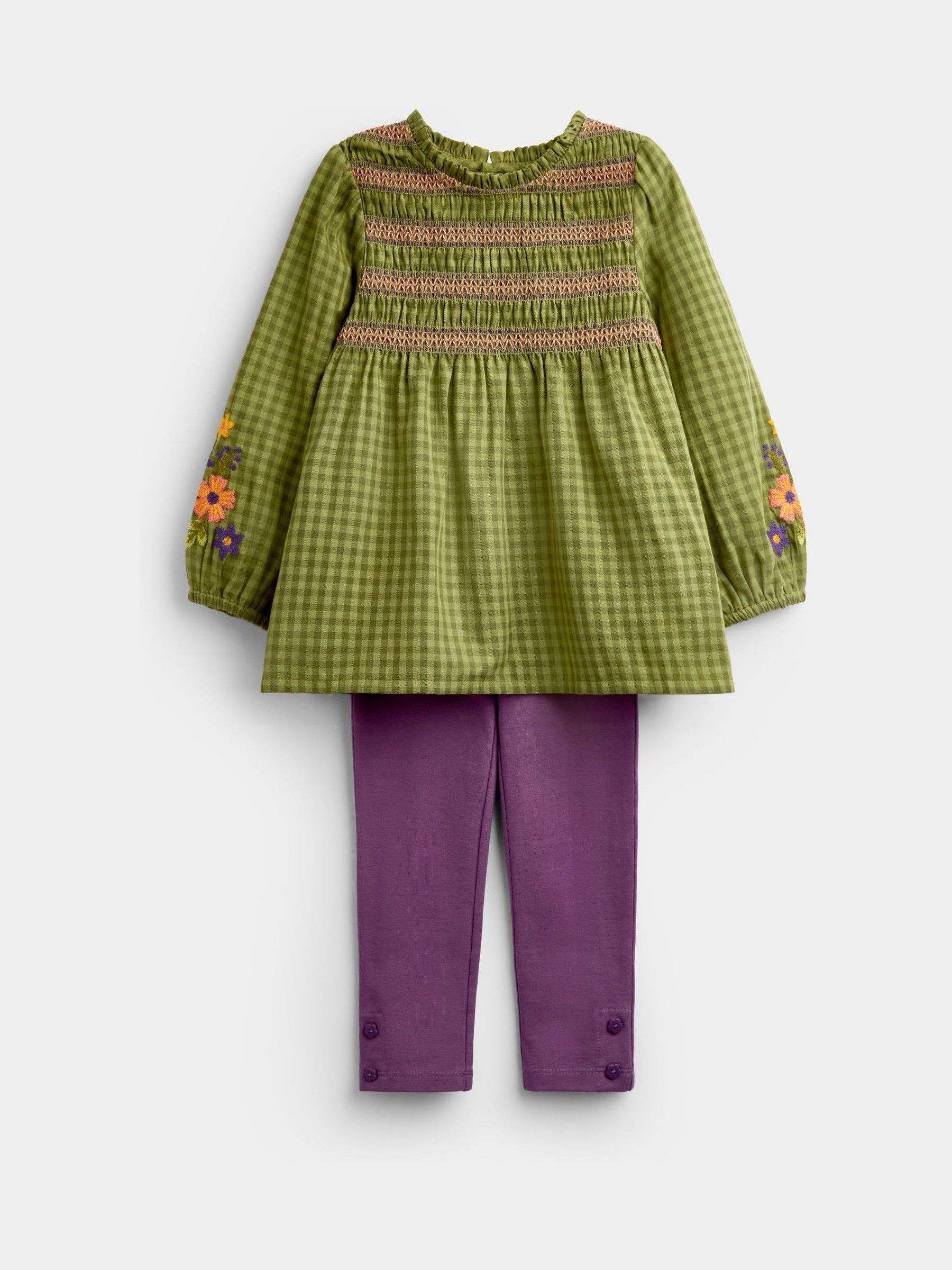 Khaki Green Floral - Embroidered Smocked Blouse & Legging Set